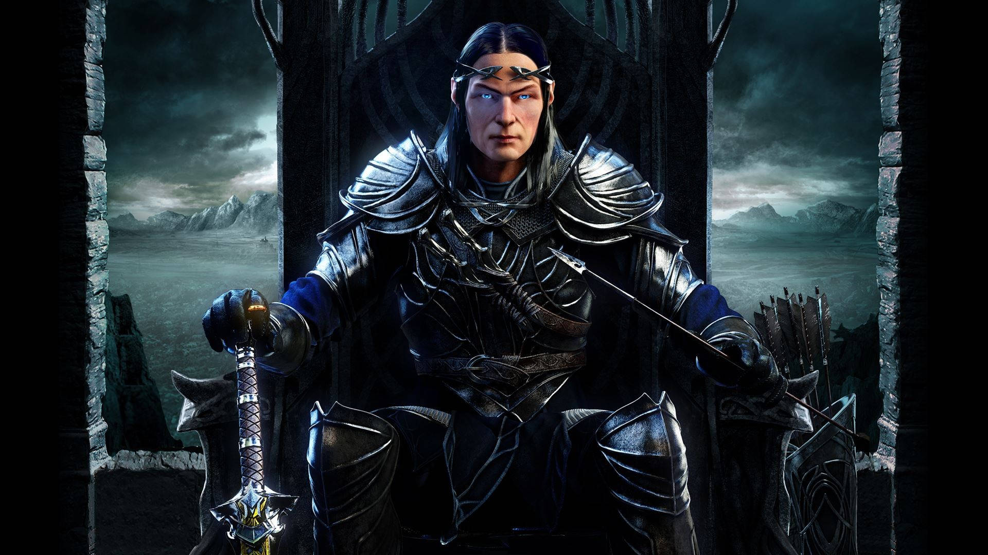 中土世界：暗影魔多 女王 壁紙 — 一位身穿暗色盔甲、長髮的戰士威嚴地坐在石王座上，手持劍，背景是風暴中的山脈。