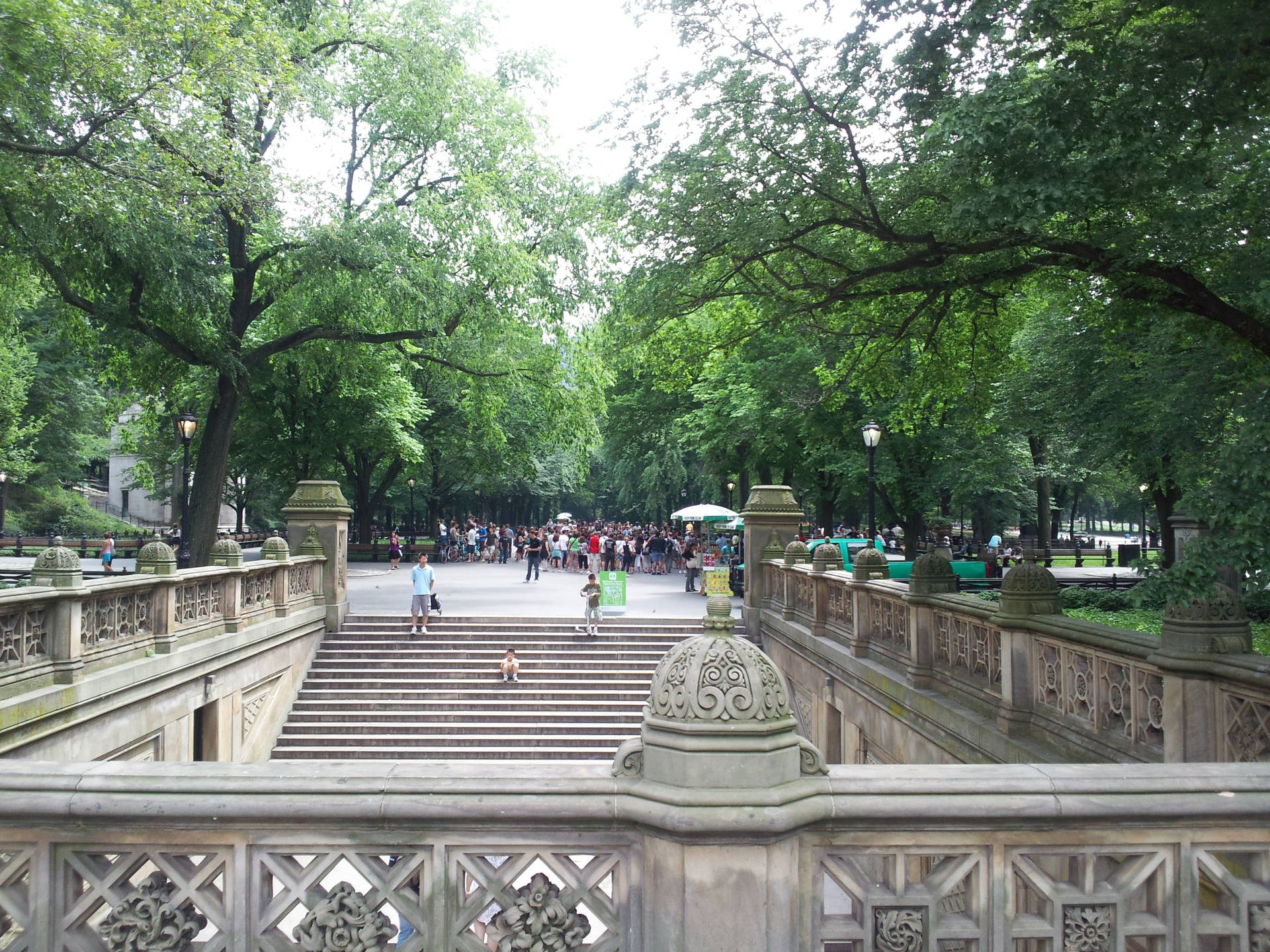 擁擠公園中的石階梯，有綠樹和行走的人們。