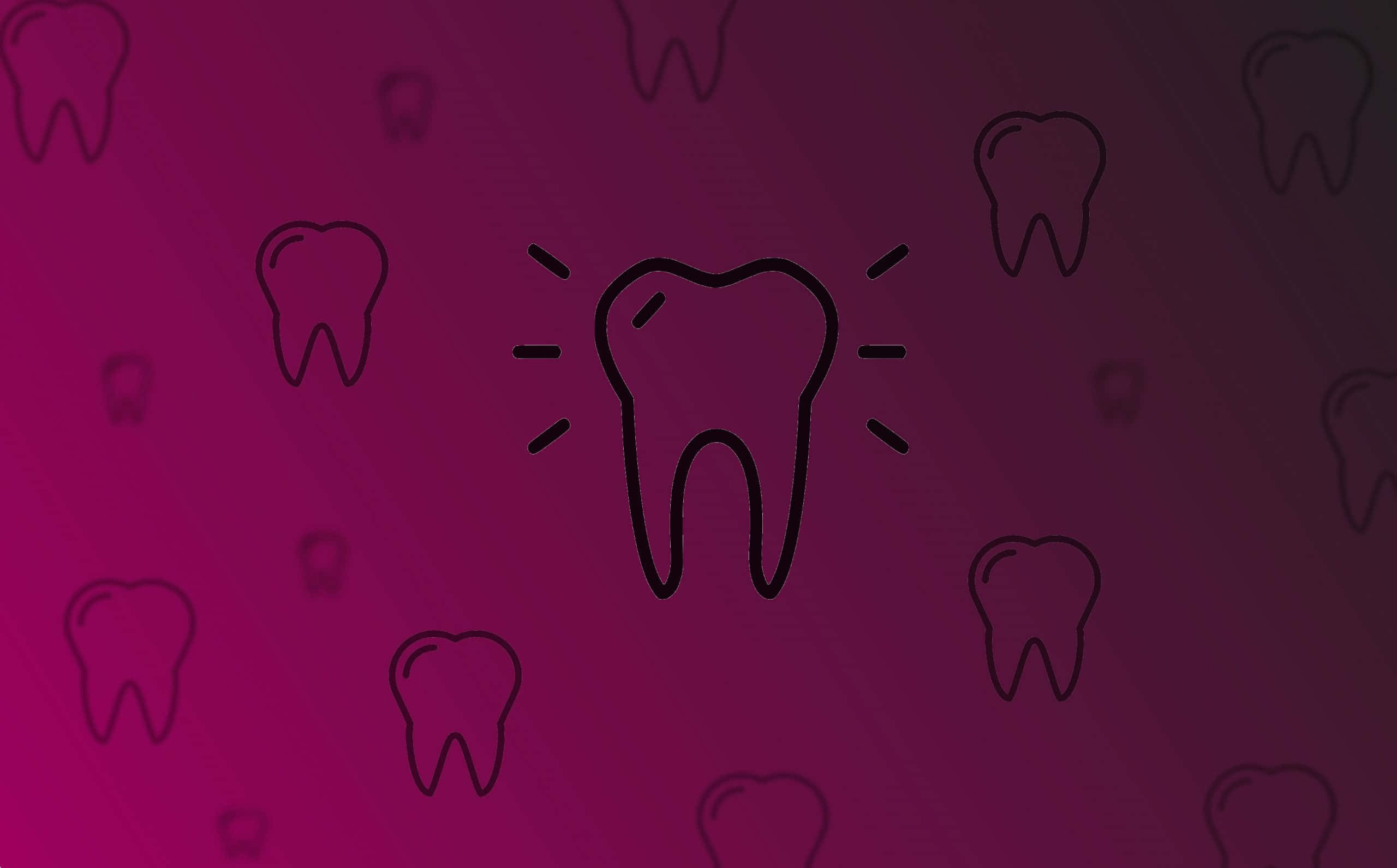 Tooth 桌布 壁紙 — 中央發光的牙齒圖標，周圍環繞著微弱的牙齒輪廓，背景為漸變洋紅色。