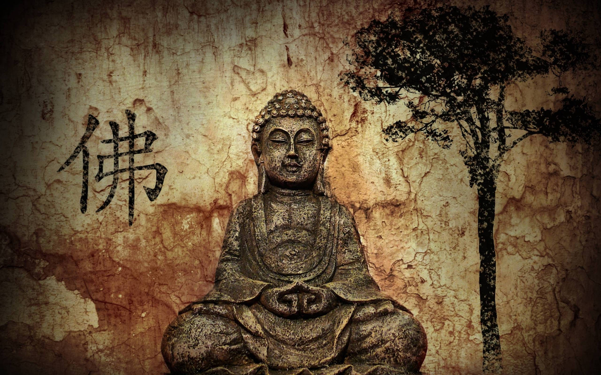 石佛像、中文字、樹、有紋理的牆。