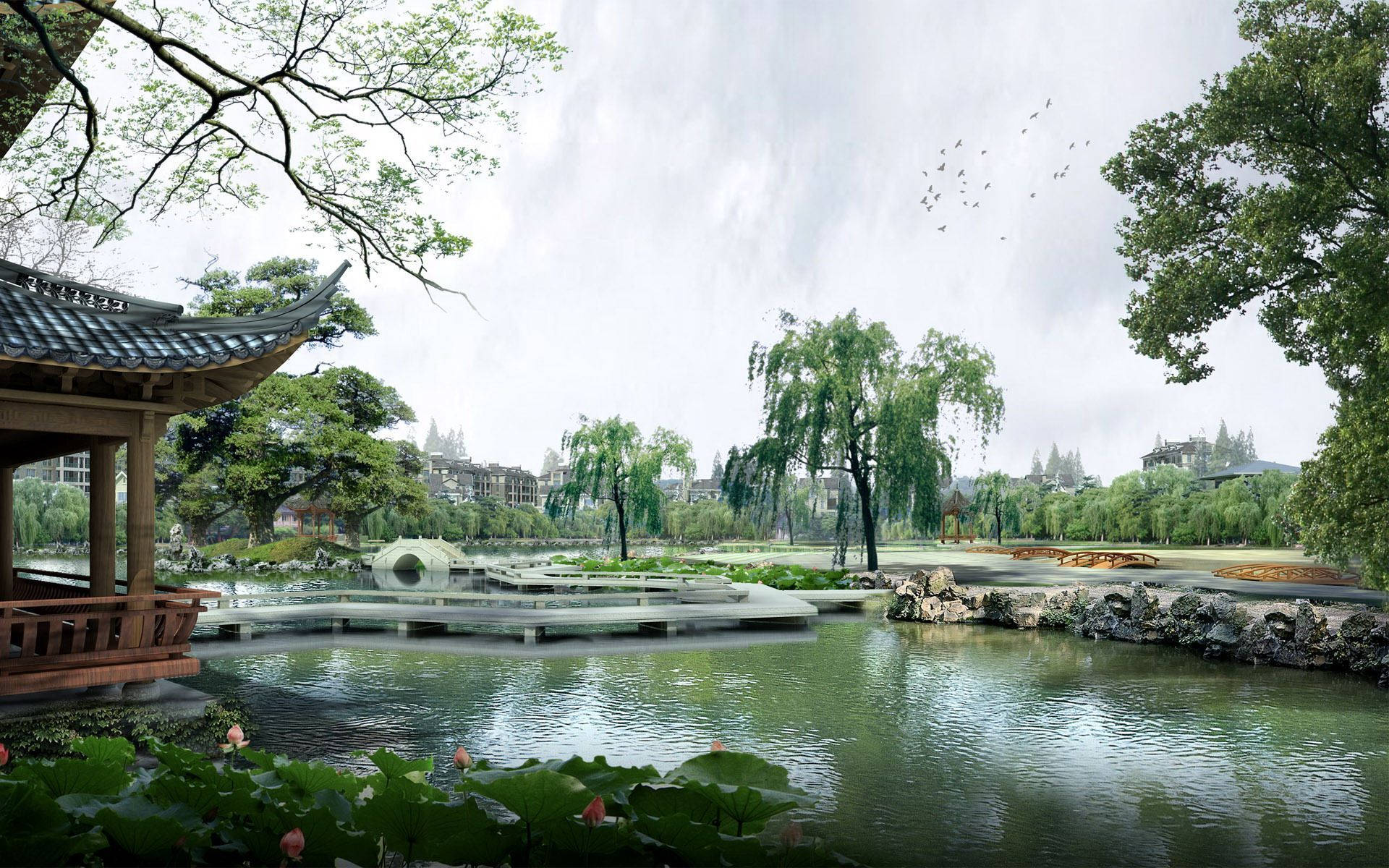 傳統中式花園，有池塘、蓮花同木亭，喺多雲嘅天空下