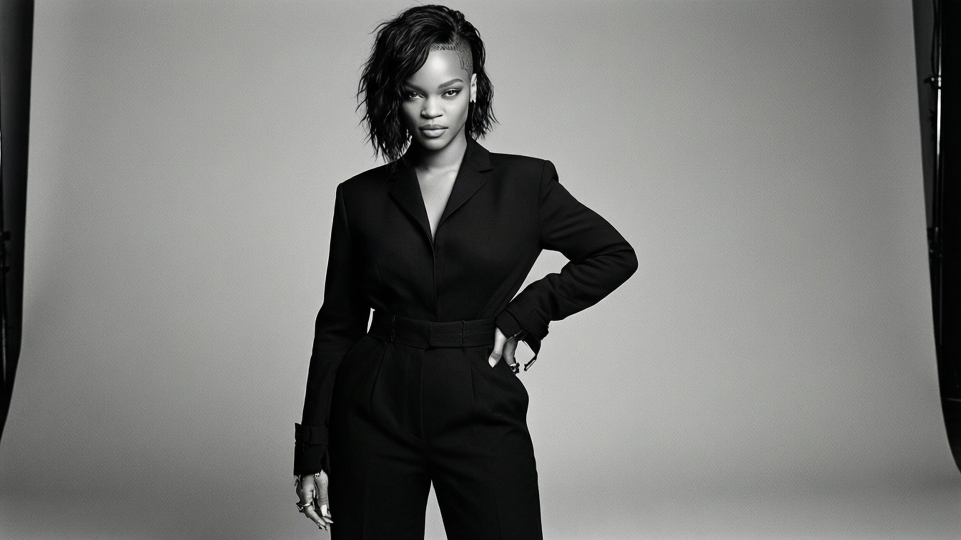 中性時尚邊緣 Rihanna 壁紙 — 一位身穿黑色西裝的優雅女性，在簡約的攝影棚背景前，配合戲劇性的燈光，自信地站立。