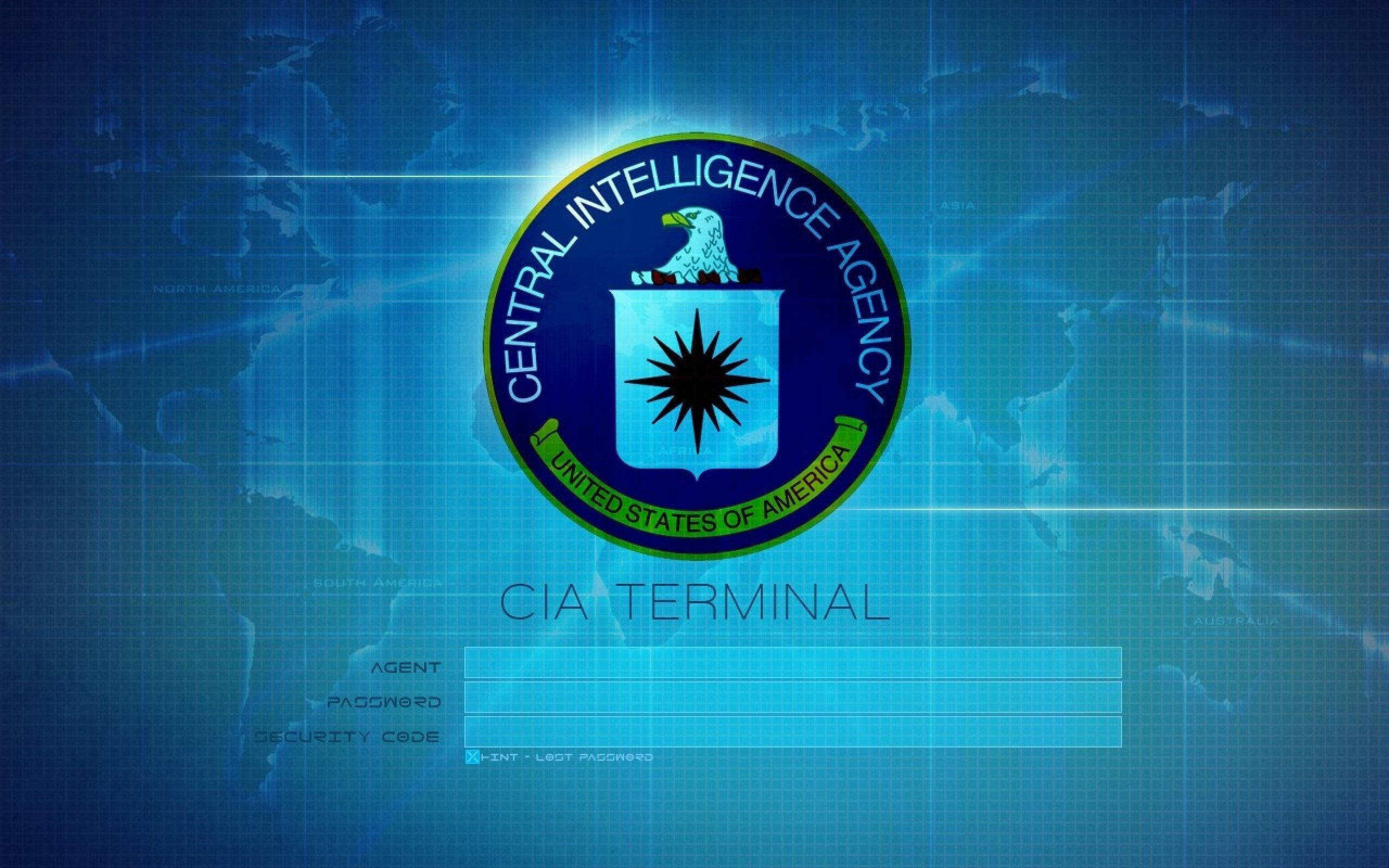 中情局標誌終端介面 壁紙 — CIA 標誌在藍色數碼網格上發光，背景為世界地圖和登入欄位。