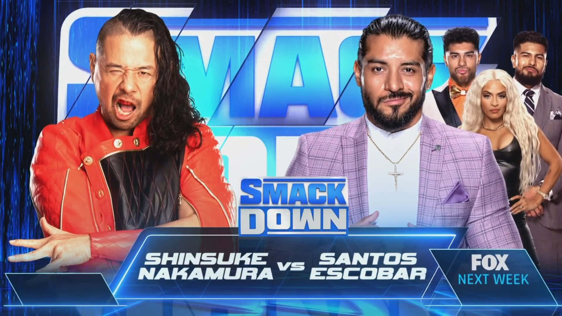 WWE SmackDown 摔角活動海報，Shinsuke Nakamura 和 Santos Escobar 對峙。