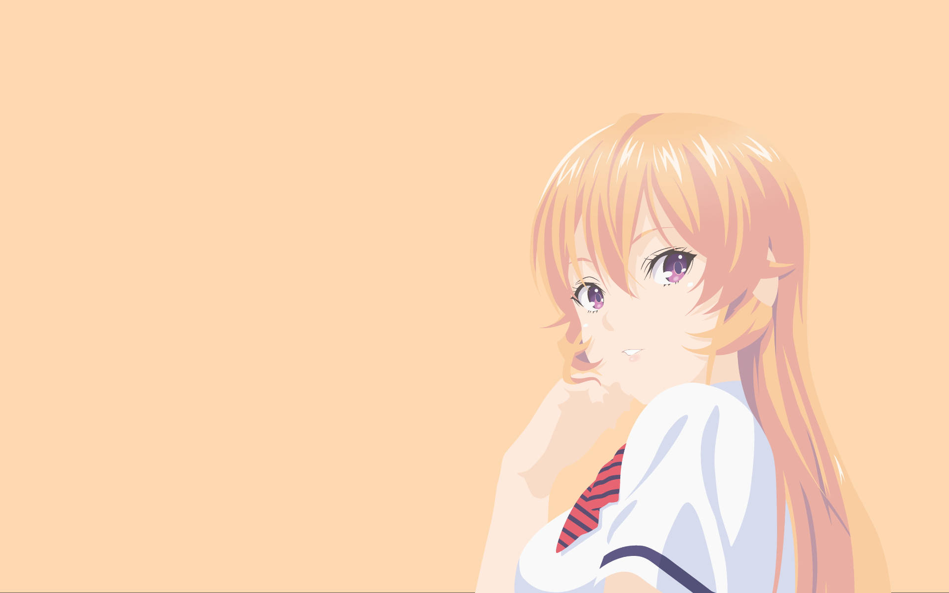 中村繪里奈 美食的俘虜 壁紙 — 一個柔和的動漫女孩，金髮紫眼，在溫暖的桃色背景下若有所思地凝視。