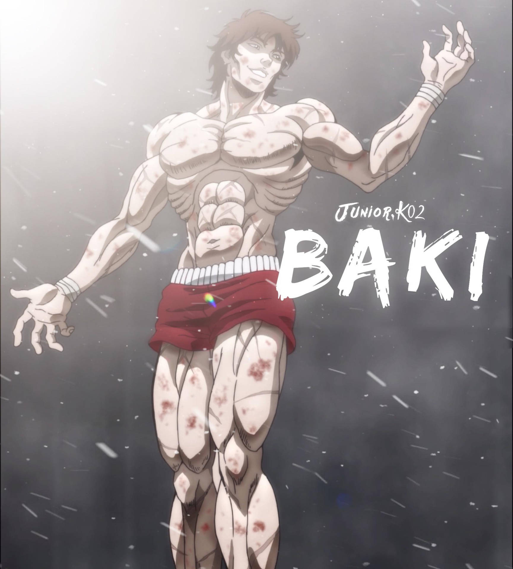 動漫角色 Baki 站在雪中，身體沾滿鮮血，雙臂張開。