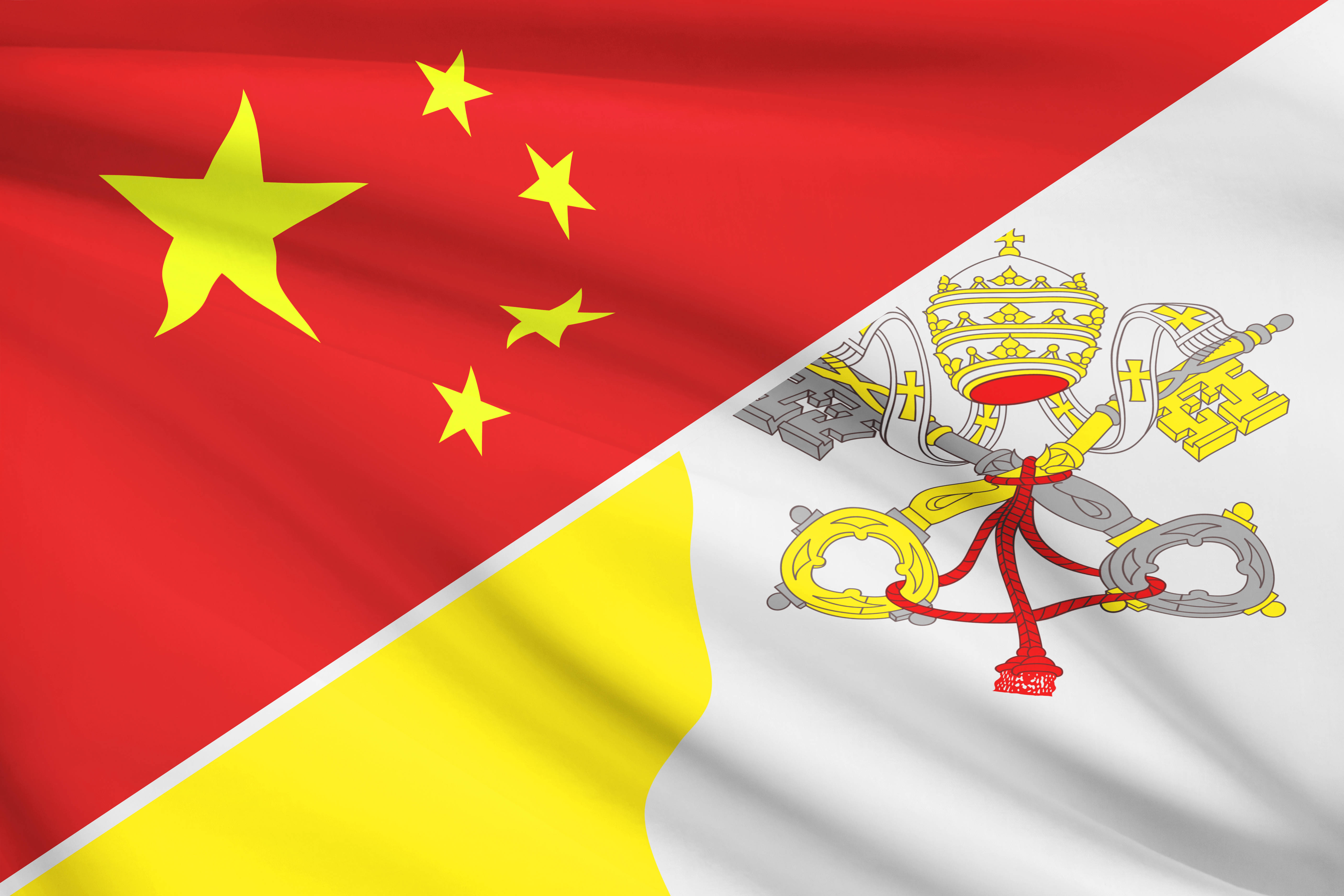 中華人民共和國與梵蒂岡國旗 壁紙 — 數碼渲染的旗幟，融合了中國的紅色旗底與黃色星星，以及梵蒂岡的白色旗底與教宗徽章。