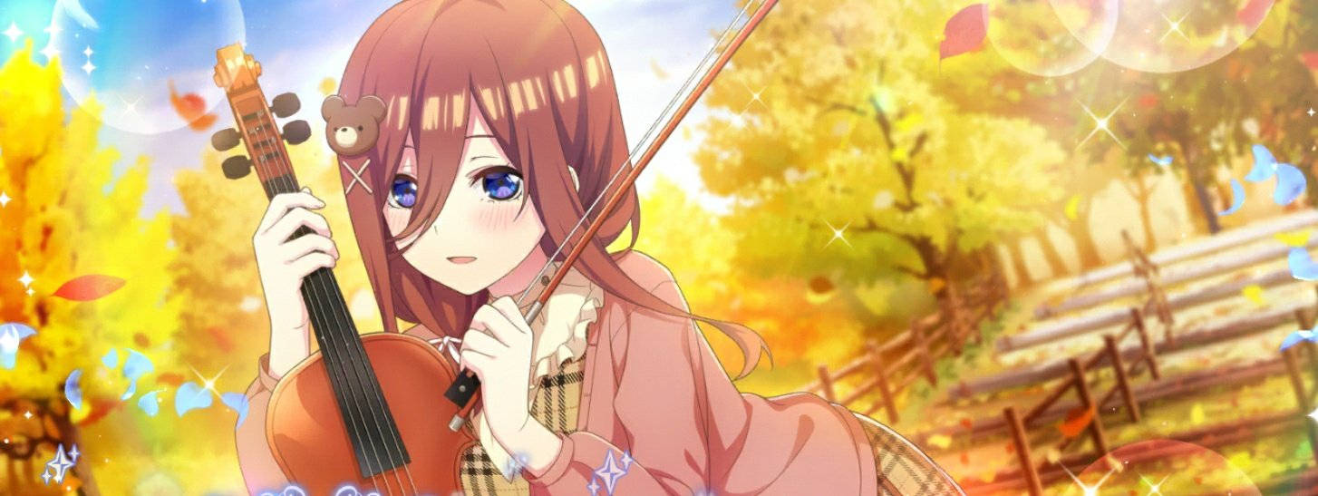 中野梓手持小提琴 壁紙 — 棕色頭髮藍眼睛的動漫女孩在金色秋葉下演奏小提琴，伴隨著閃光和漂浮的泡泡。