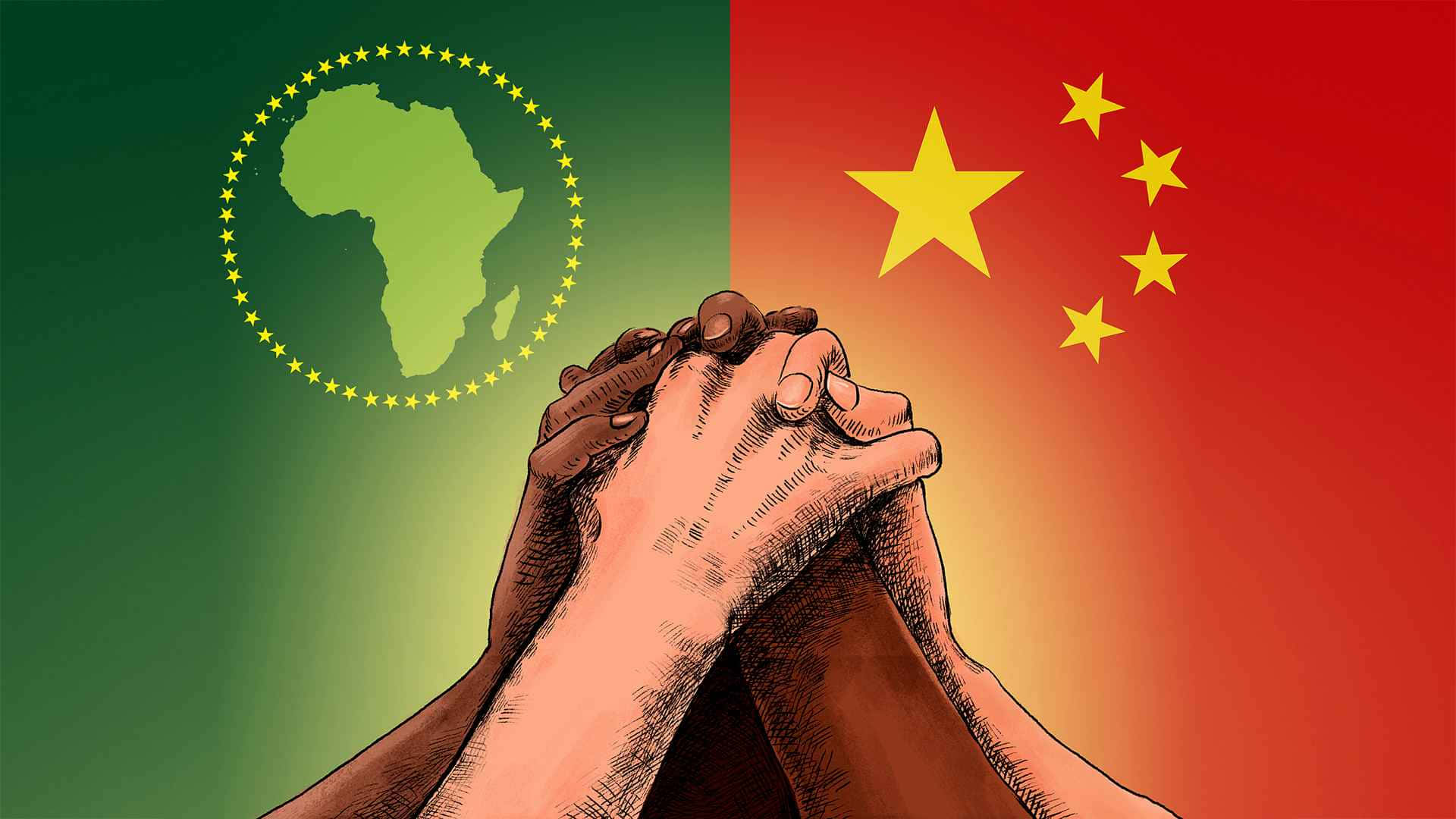 兩隻手在非洲和中國國旗背景上緊握，象徵夥伴關係。