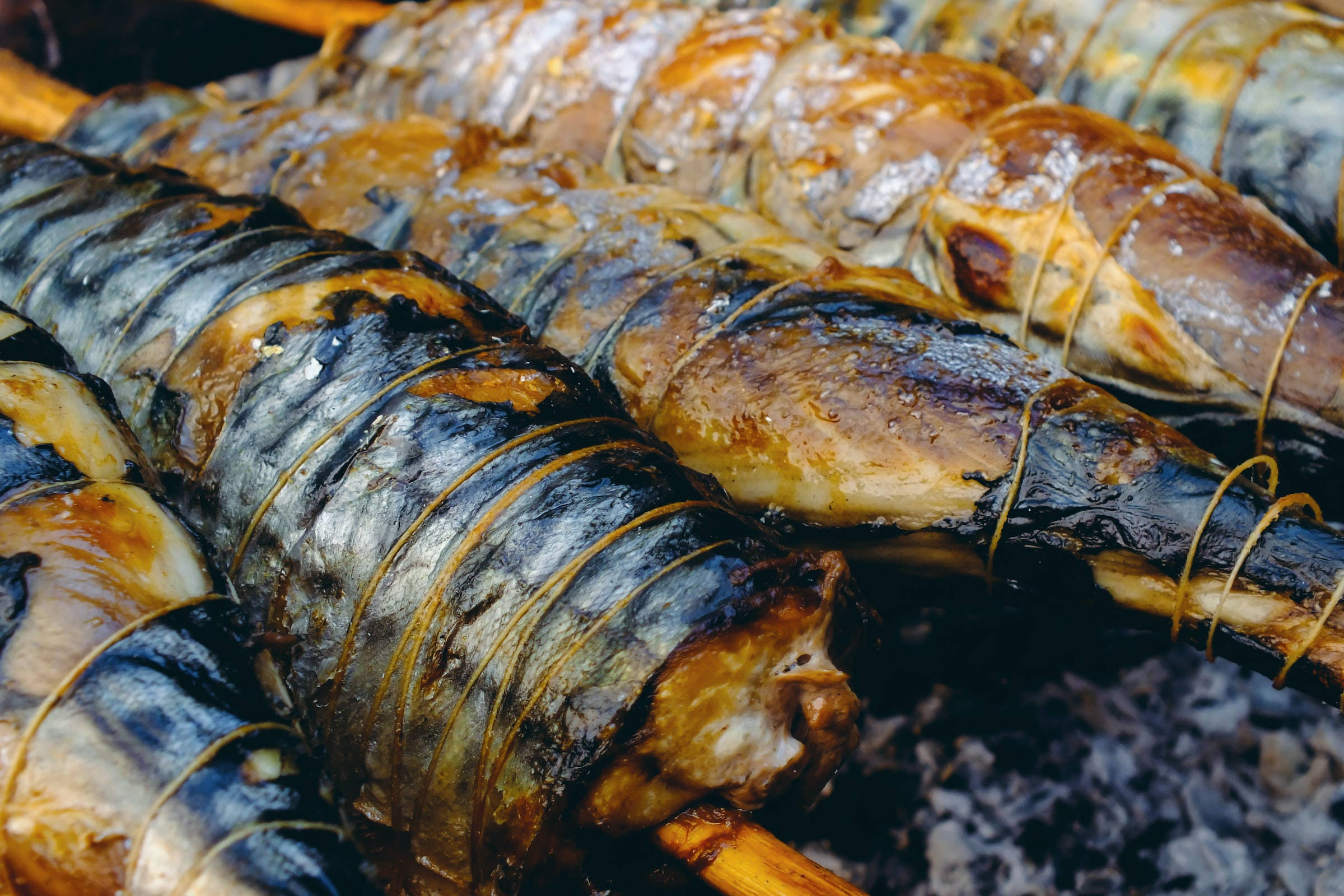 串燒鰹魚在炭火上烤 壁紙 — 特寫鏡頭：烤魚串，魚皮焦黑，油光閃爍，串在木籤上。
