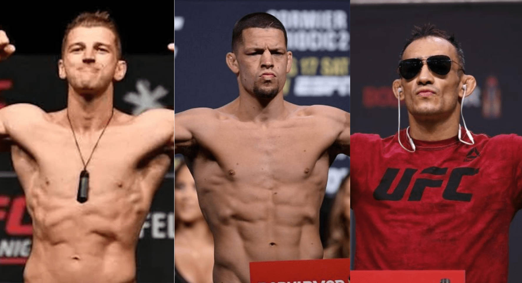 三位UFC拳手在稱重活動中赤裸上身擺姿勢。