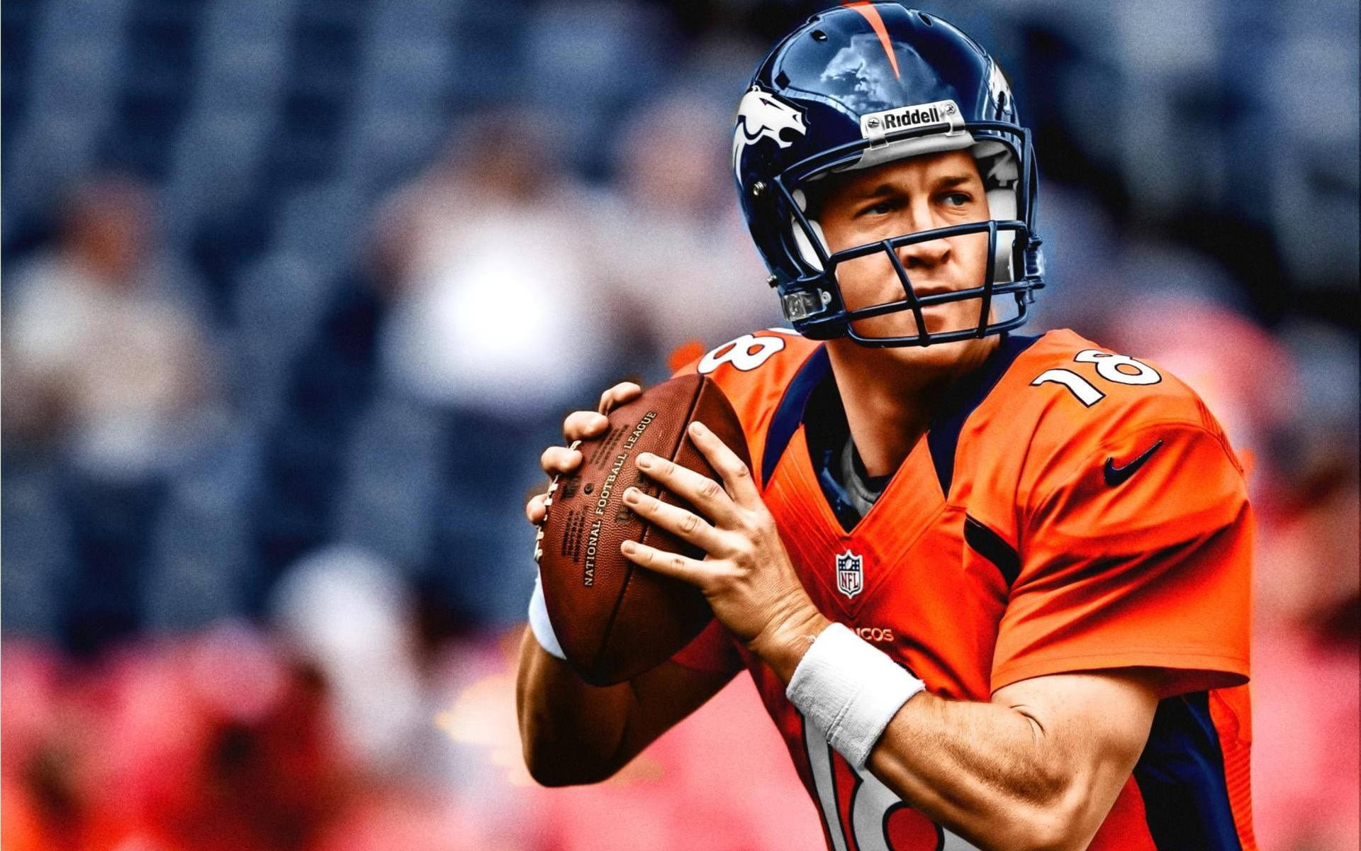 身穿橙色球衣的NFL四分衛手持橄欖球準備擲出。