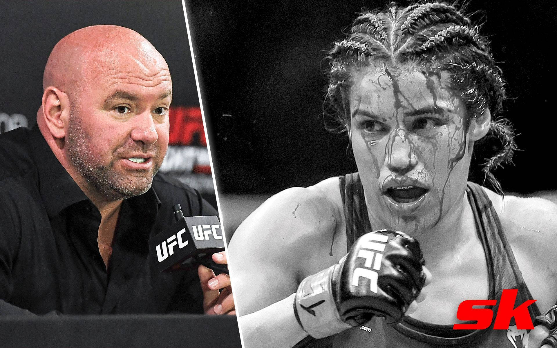 丹娜·懷特與茱莉安娜·佩納合影 壁紙 — UFC老闆Dana White說話和戰士Jessica Andrade穿著粗糙黑白戰鬥裝備的分割圖像。