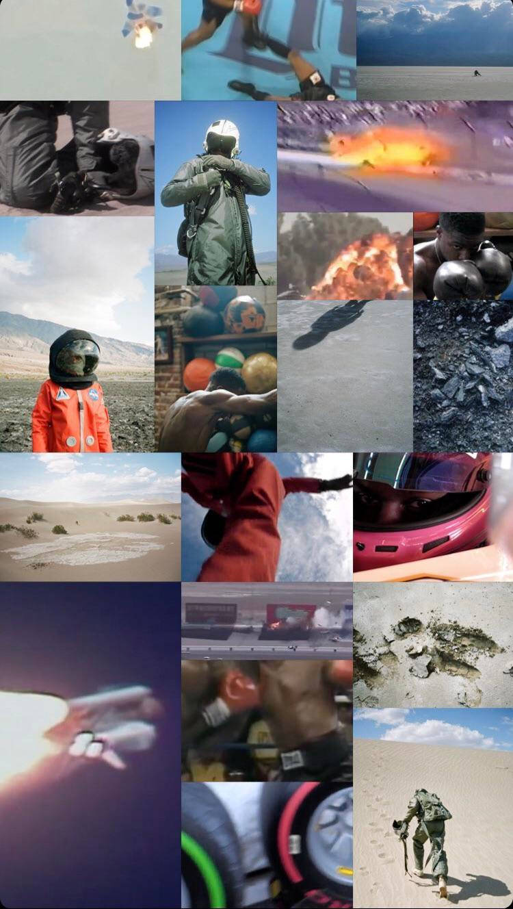 丹尼爾·西薩爾《Case Study 01》拼貼畫 壁紙 — 一個動態拼貼畫，包含爆炸、太空人、沙漠景觀和運動中的運動員等激烈動作場景。