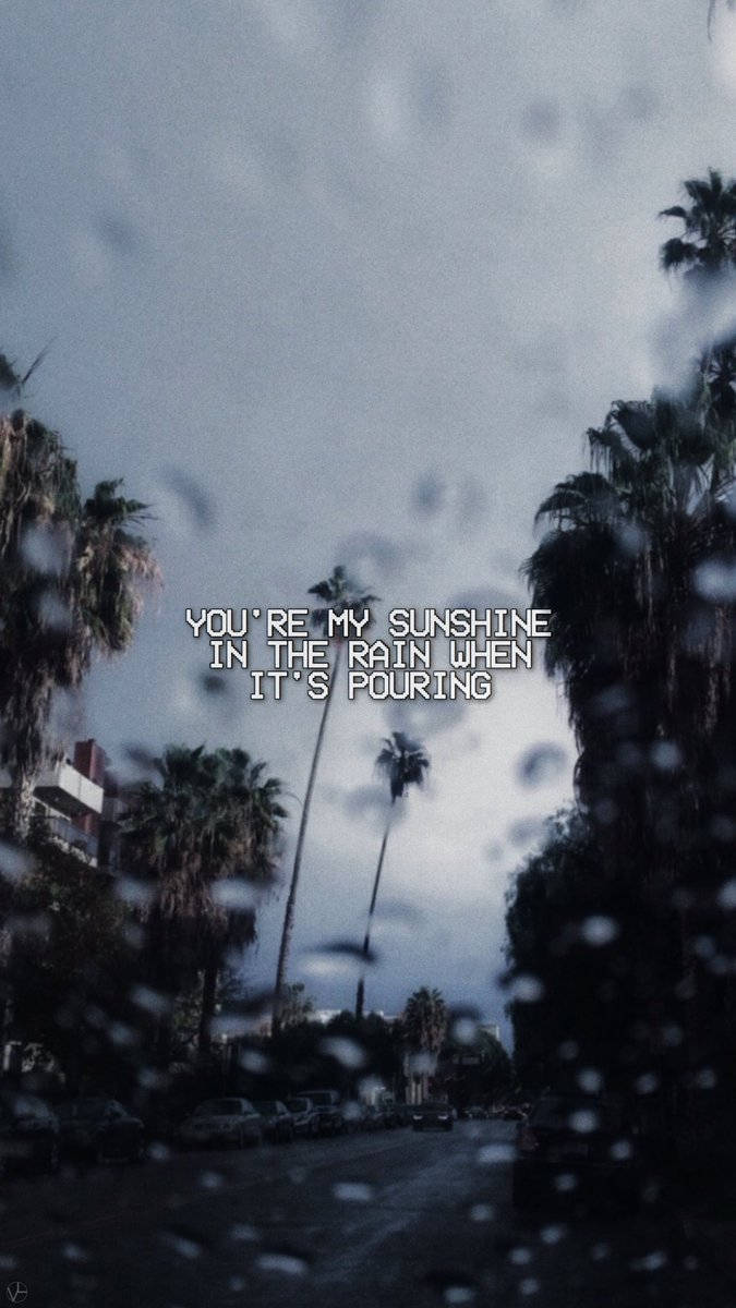 丹尼爾·西薩爾《雨中陽光》 壁紙 — 雨滴劃過車窗，棕櫚樹排列在濕漉漉的街道上，天空陰沉，並有疊加文字。
