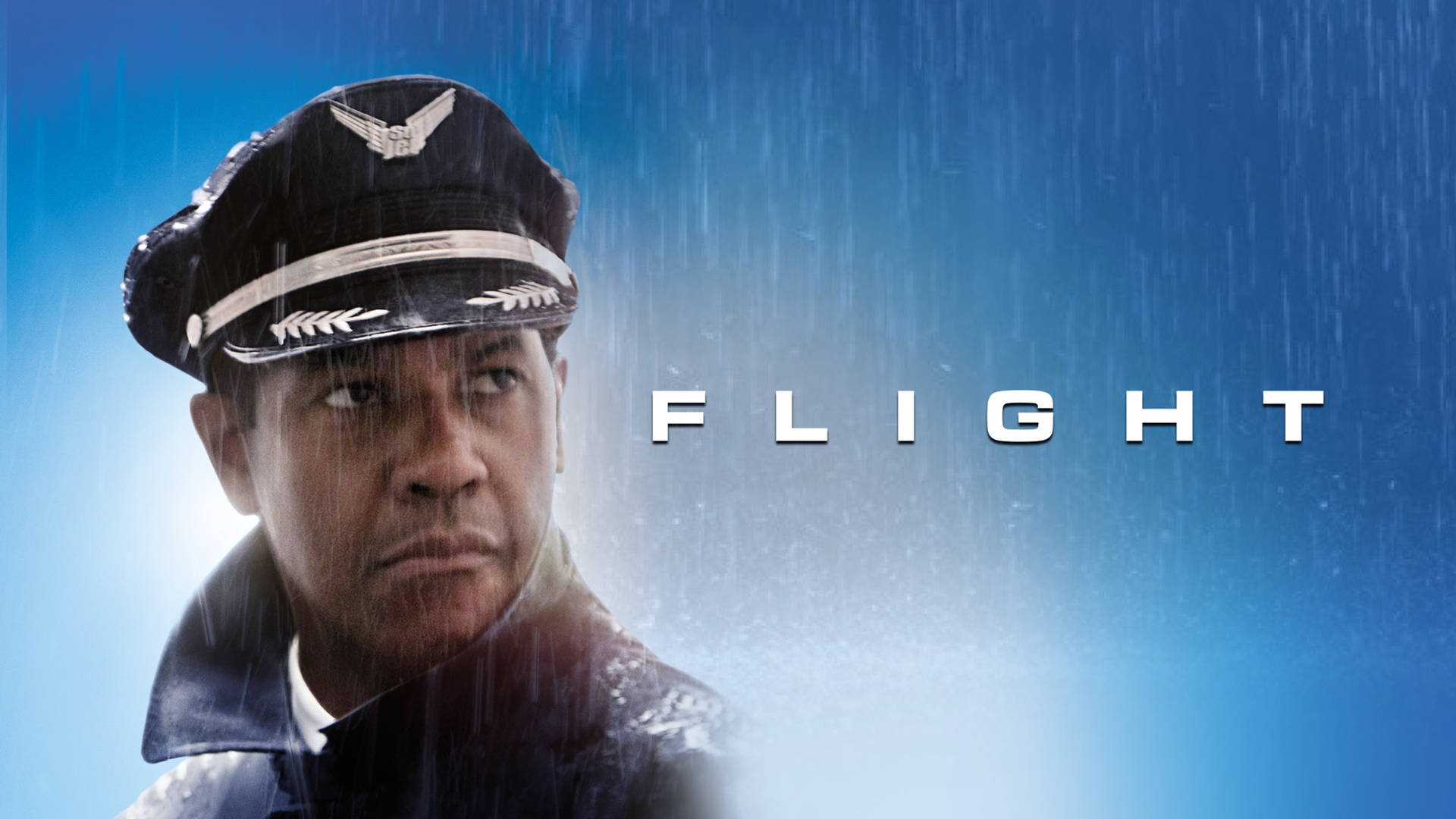 一位身穿制服的嚴肅機師站在雨中，身後有「FLIGHT」文字。