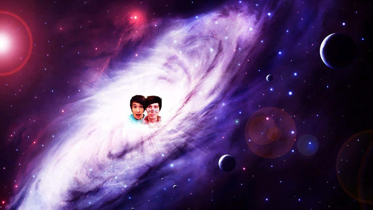 兩個人漂浮在色彩繽紛的螺旋星系中，有星星和行星。