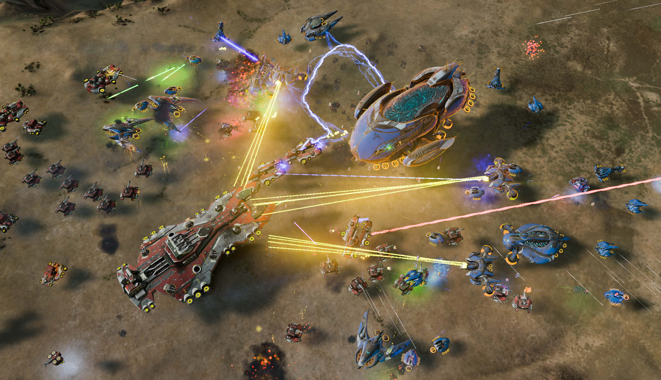 主宰宇宙：《Singularity: Escalation》 壁紙 — 空中戰鬥場景，未來戰艦在荒蕪的沙漠戰場上發射彩色激光。