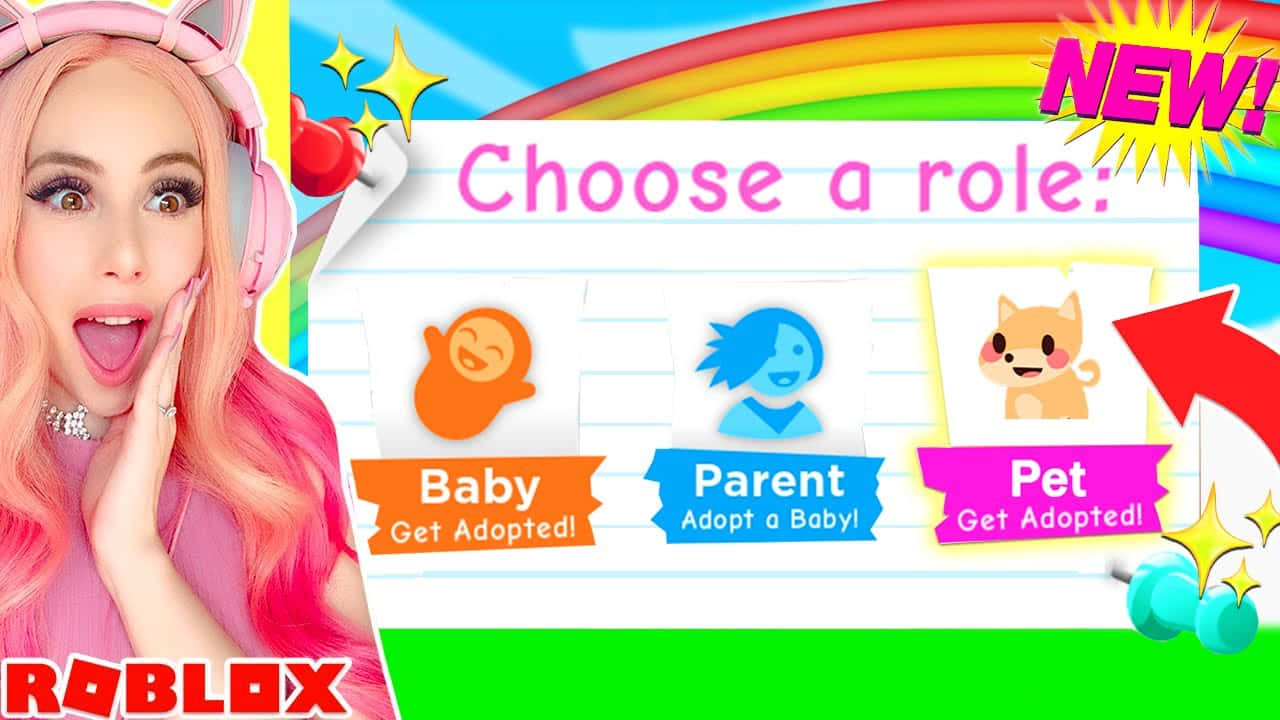 一個粉紅色頭髮的女孩興奮地指向Roblox角色選擇：嬰兒、父母或寵物。