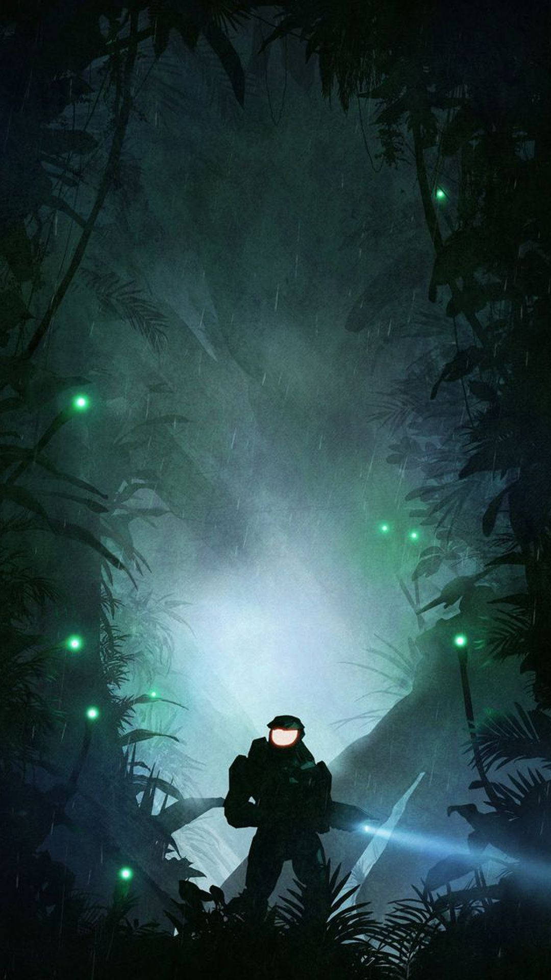 一個未來主義的士兵在黑暗的夜間叢林中，周圍有發光的植物和武器光束。