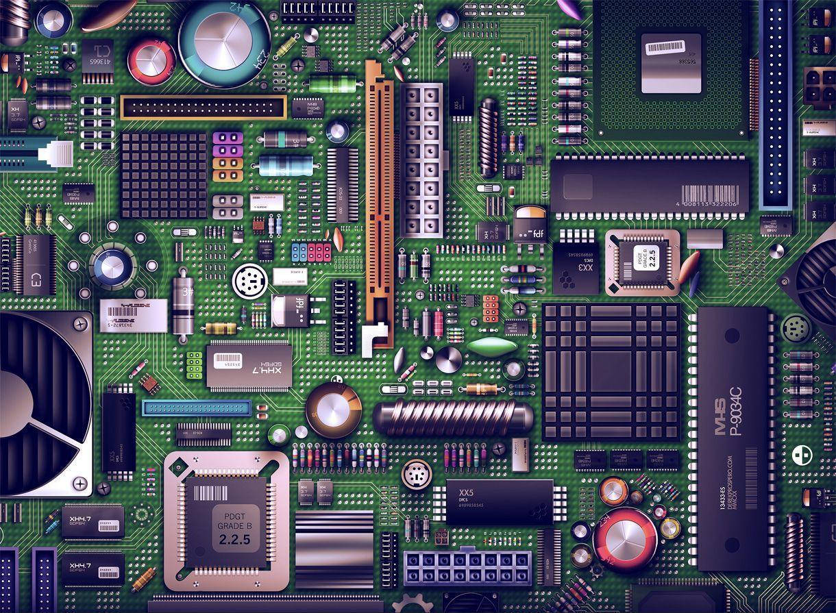 主機板數位藝術 壁紙 — 綠色電腦主機板的詳細俯視圖，充滿了複雜的電子元件和電路。