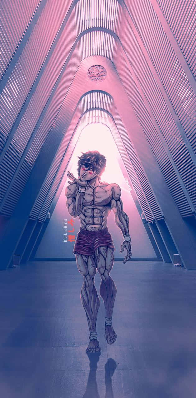 主角——巴奇·漢馬 壁紙 — 一個肌肉發達的動漫戰士走過一條高聳的未來主義走廊，沐浴在粉紅色和藍色的燈光中。