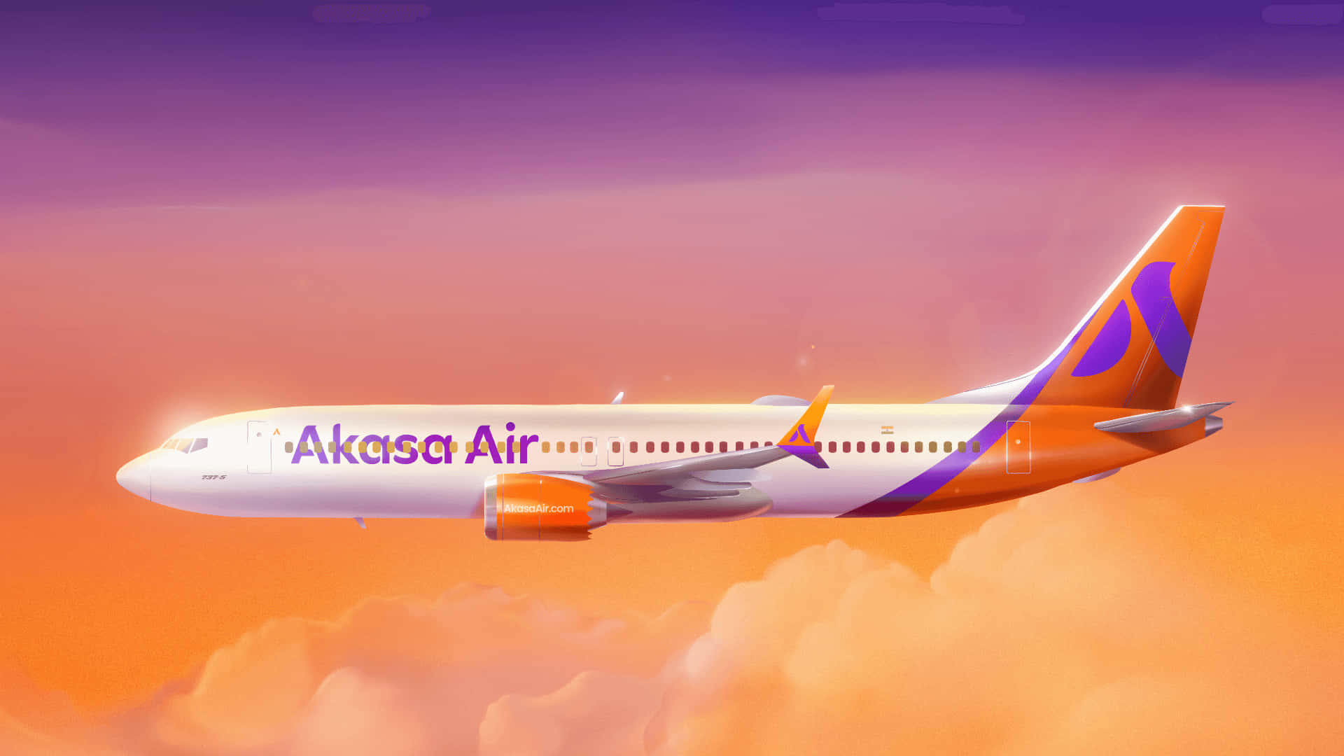 日落時 Akasa Air 飛機在雲層上方飛行