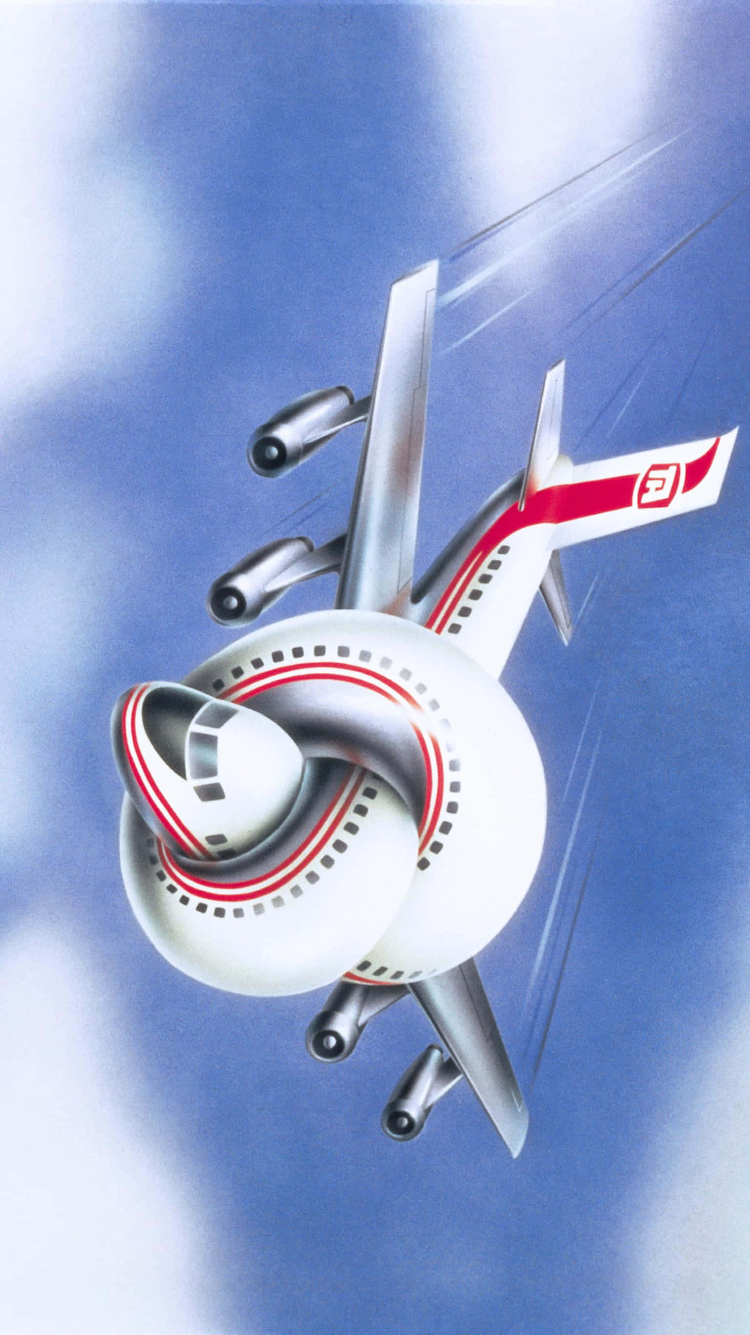 乘著流線型飛機，穩健優雅飛向天空 壁紙 — 一架時尚的白色飛機帶有紅色條紋，在明亮的藍天和薄雲中進行急轉彎。