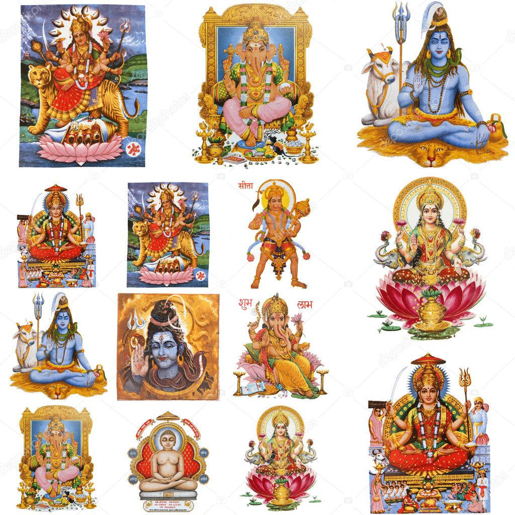Indian 桌布 壁紙 — 九位印度教神祇的鮮豔拼貼畫，以傳統多彩圖像描繪，配有華麗珠寶和象徵性屬性。