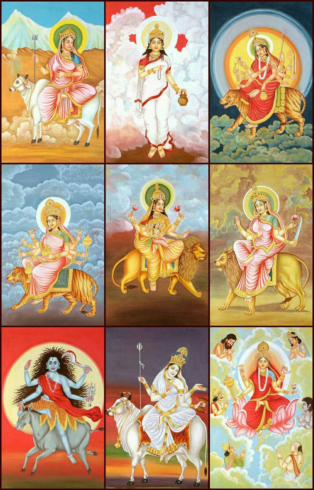 hindu iPhone 桌布 壁紙 — 九位插圖中的印度教女神，每位騎著獨特的動物，背景是充滿活力的天空，帶有耀眼的光環。