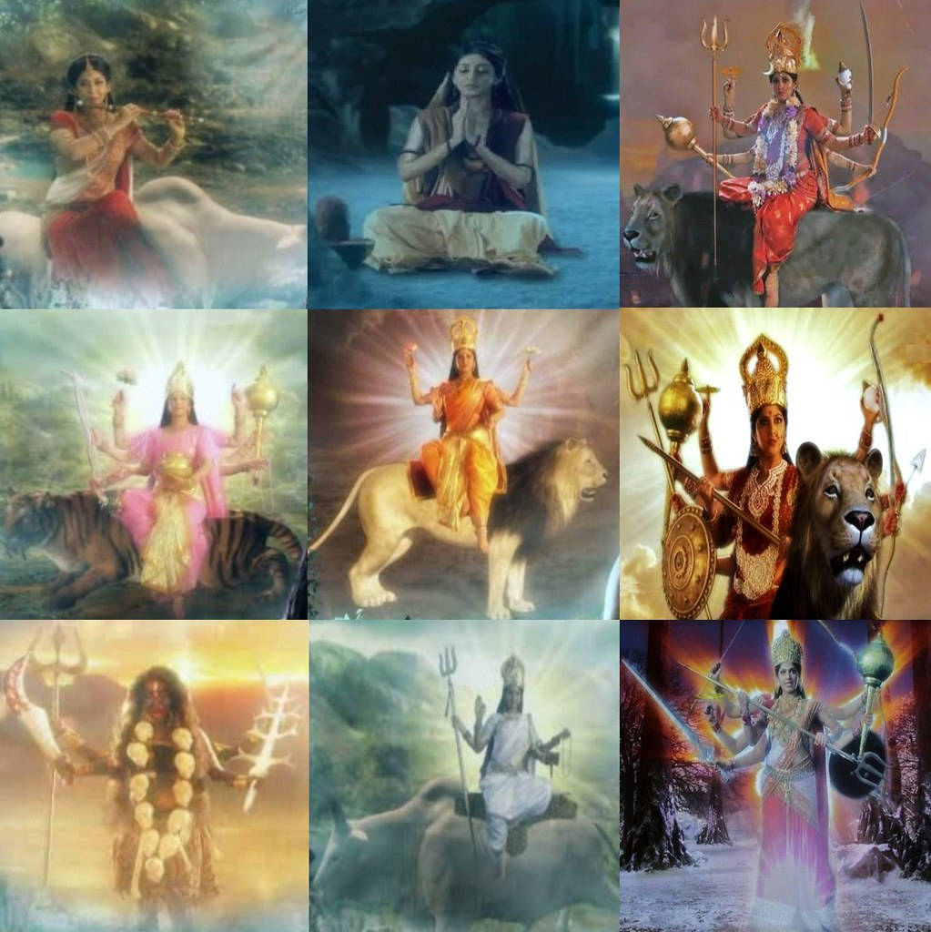 Durga 桌布 壁紙 — 九位神聖印度女神的拼貼畫，每位都描繪有多臂，騎乘獅子、老虎和公牛等動物，在光芒四射的神話場景中。