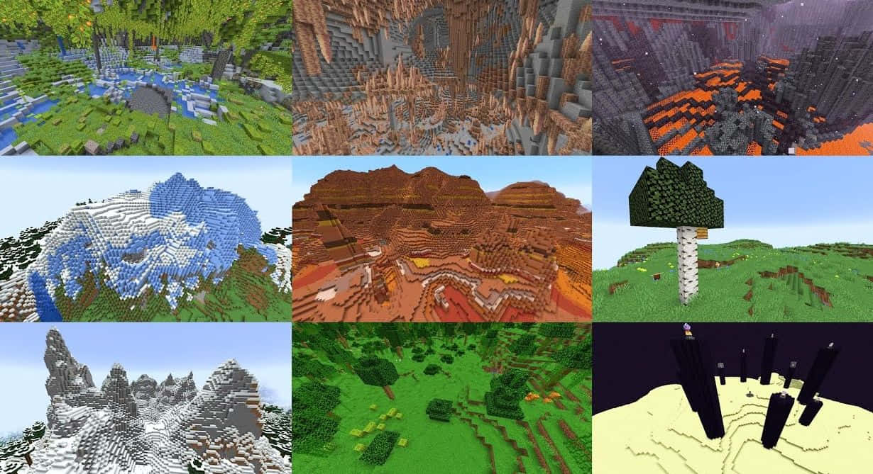 Minecraft Bedrock Edition 桌布 壁紙 — 九個Minecraft風格方塊風景的拼貼畫，包括森林、山脈、沙漠和蘑菇樹，在晴朗的天空下。