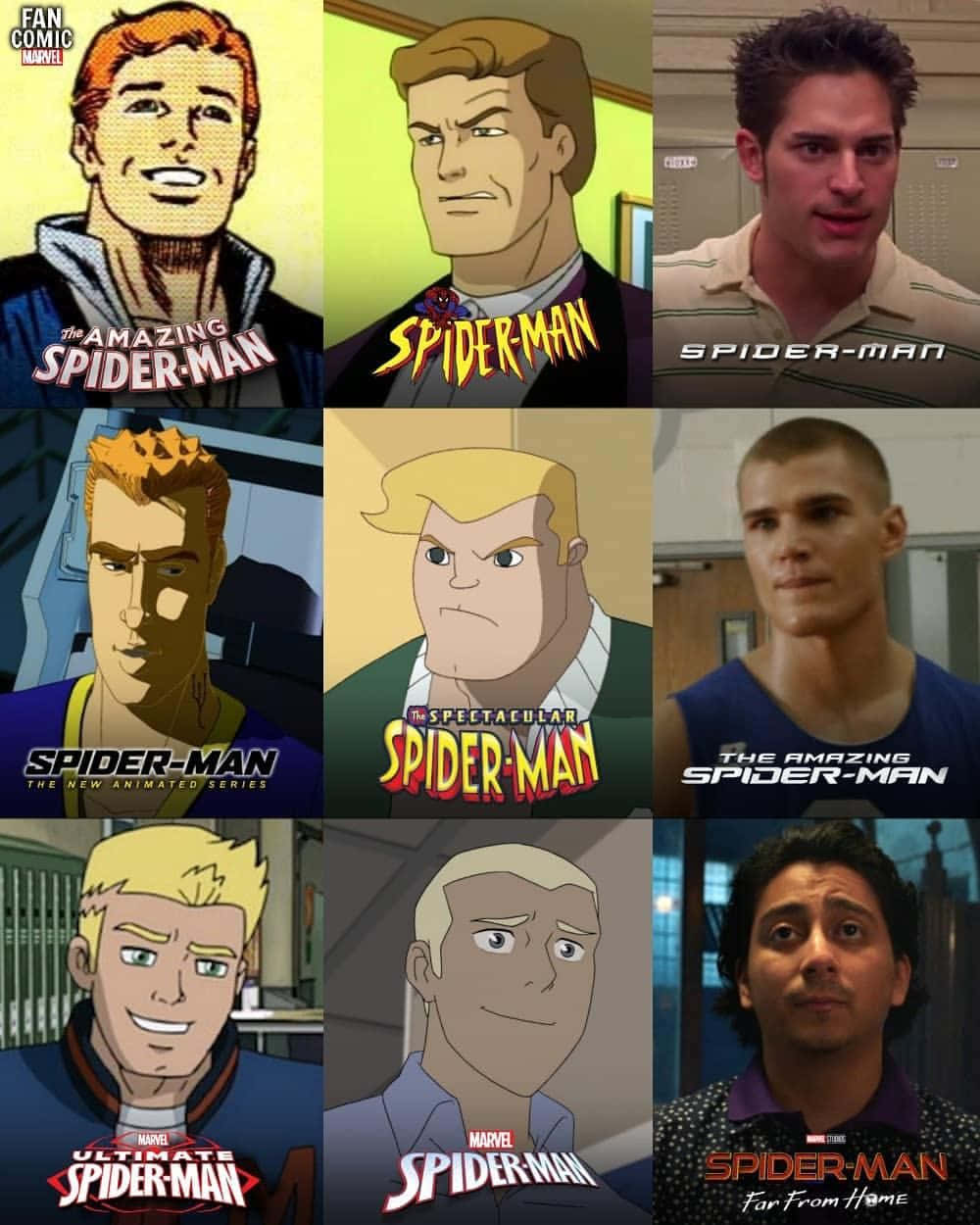 Flash Thompson 桌布 壁紙 — 九個不同蜘蛛俠演繹的拼貼畫，涵蓋各種動畫和真人風格。
