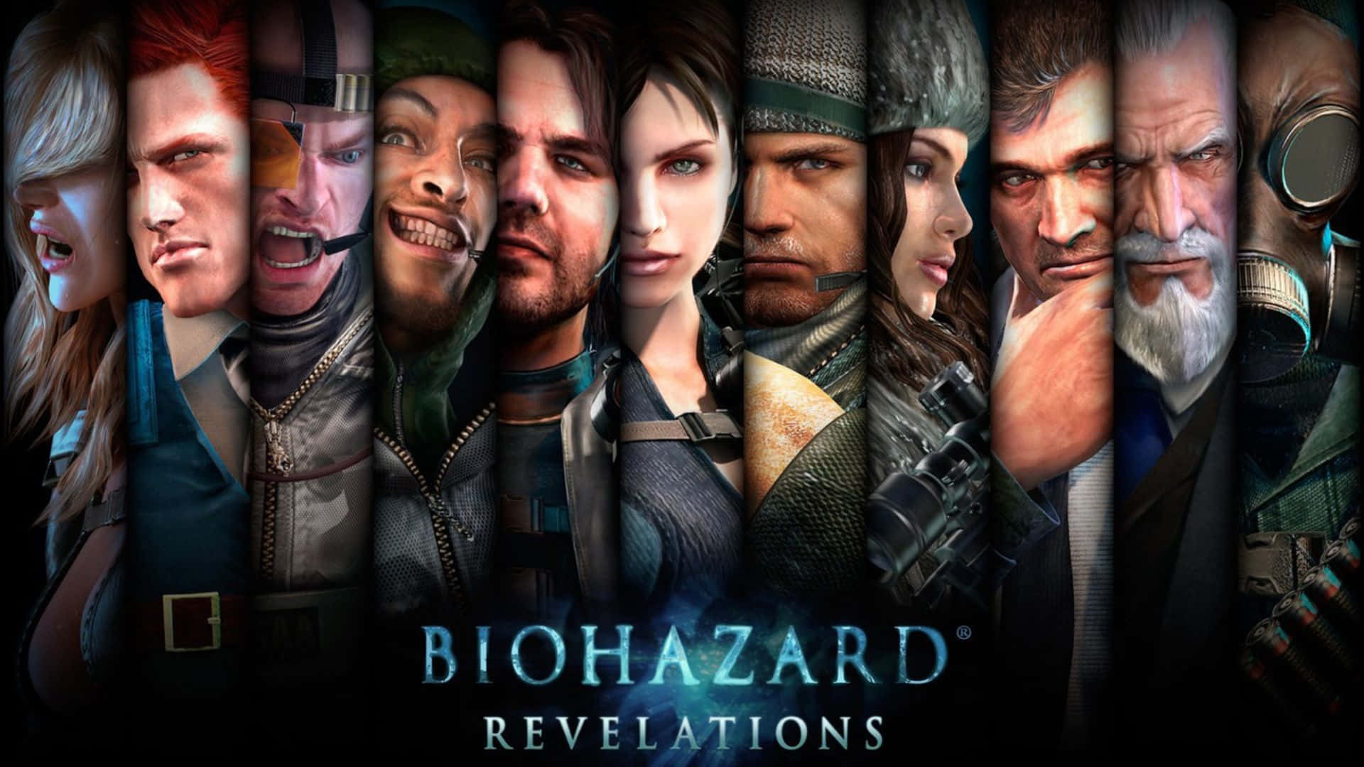 Resident Evil Characters 桌布 壁紙 — 九個來自《生化危機：啟示錄》的激烈電玩角色以戲劇性的方式排列，每個角色在黑暗背景前都有獨特的表情和裝備。