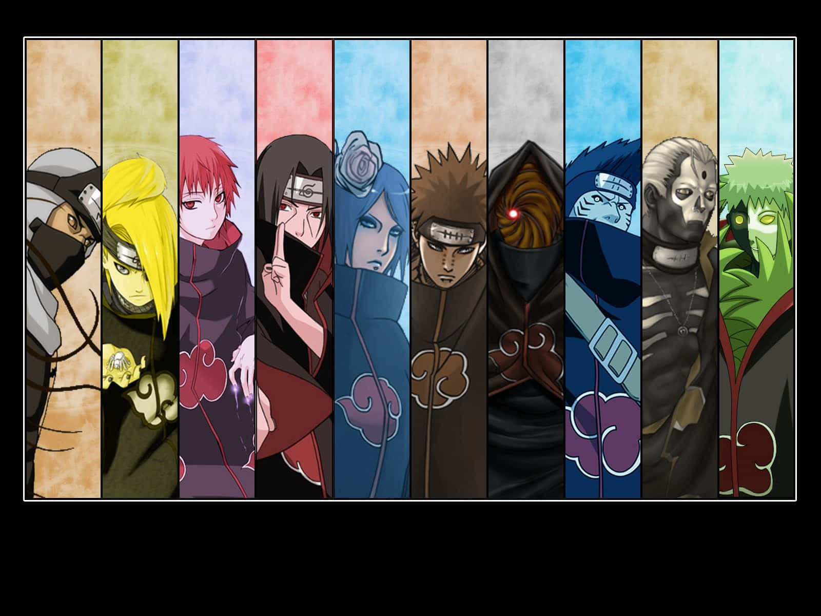 Konan 桌布 壁紙 — 九個來自曉的動畫角色站在垂直面板中，每個都有獨特的顏色背景和嚴肅的表情。