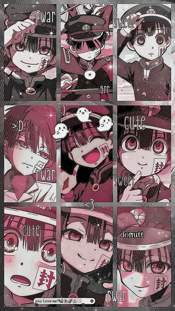 Hanako Kun 桌布 壁紙 — 九個動漫風格面板的網格，展示一個擁有粉紅色眼睛和軍裝的角色，呈現各種可愛表情。