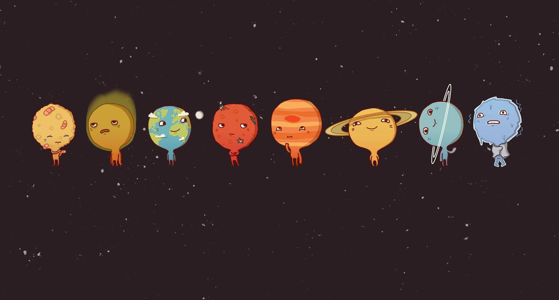 emoji 桌布 壁紙 — 九個可愛的卡通行星，有臉和四肢，漂浮在星空背景中。