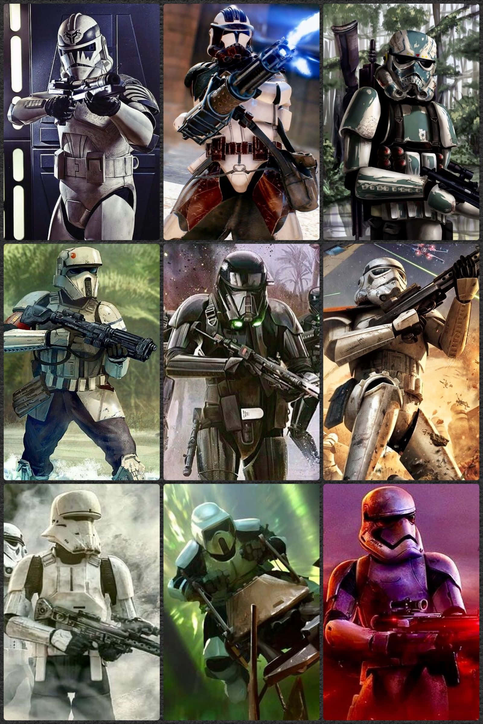 The First Order 桌布 壁紙 — 九個星際大戰複製人士兵，穿著多種盔甲，在戰鬥場景中手持武器並帶有發光效果。