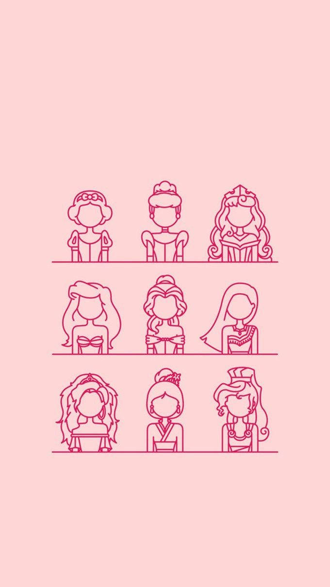 Disney Princess 桌布 壁紙 — 九個極簡風格的粉紅色線條公主圖案，排列成三行，置於柔和的粉紅色背景上。