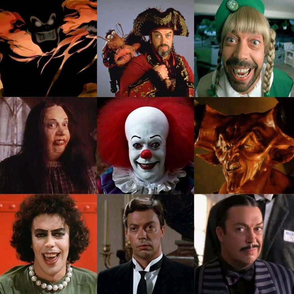 Tim Curry 桌布 壁紙 — 九個標誌性恐怖與黑色喜劇角色的拼貼畫，表情誇張，服飾鮮明。