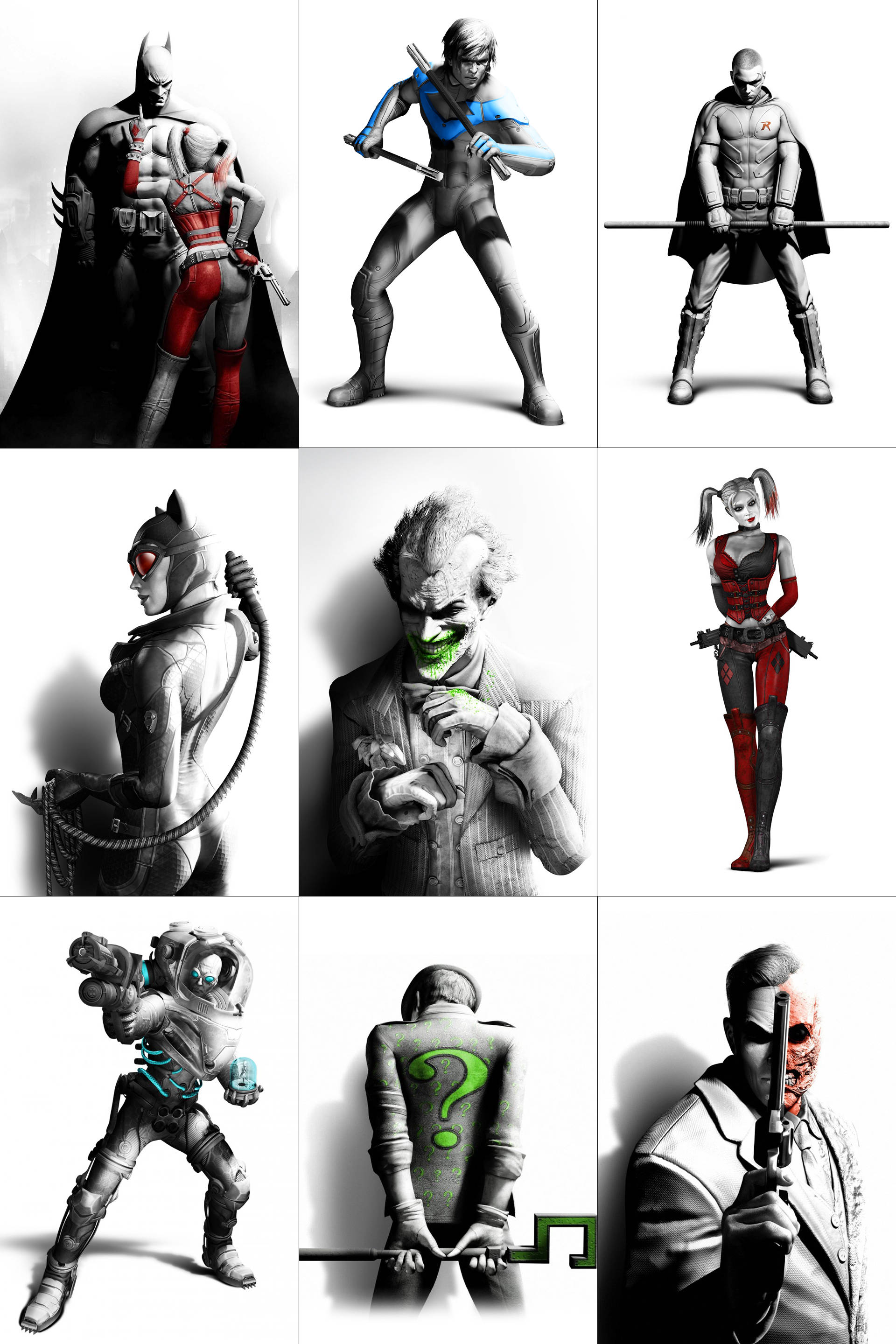 batman arkham city iPhone 桌布 壁紙 — 九個漫畫角色以戲劇性的姿勢，帶有選擇性的色彩強調，襯托在純白背景上。