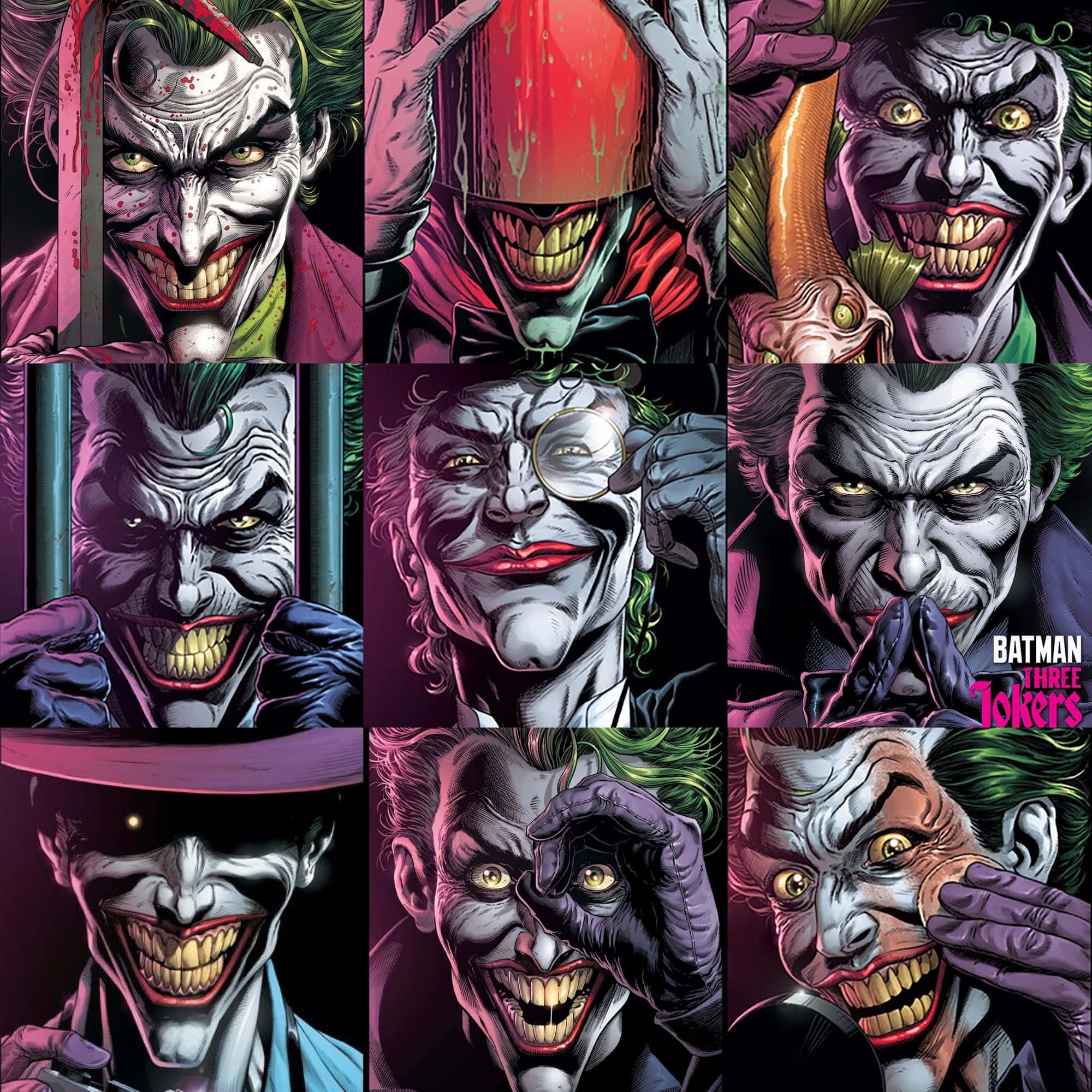Batman Three Jokers 桌布 壁紙 — 九個漫畫面板展示了小丑在各種威脅表情中，帶有鮮豔的紫色、粉紅色和綠色色調。