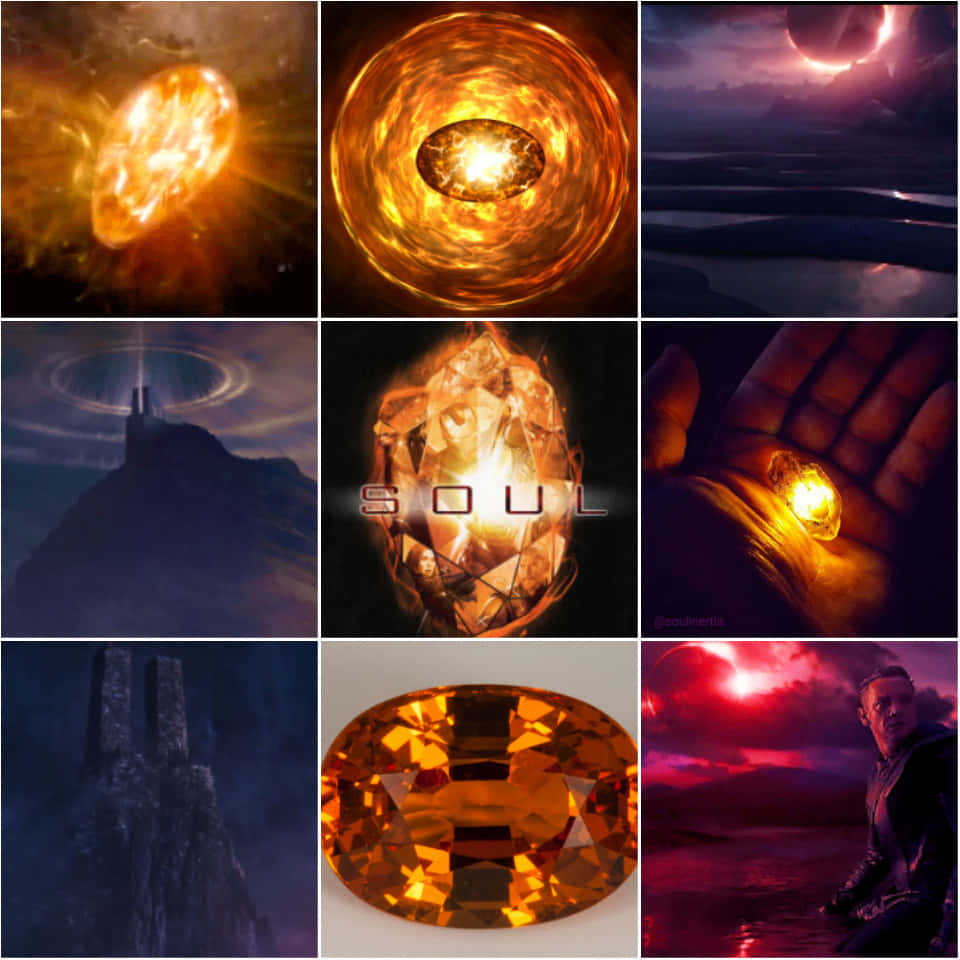 Soul Stone 桌布 壁紙 — 九個神秘場景的拼貼畫，描繪了發光的琥珀寶石、宇宙環和手中握著的靈魂寶石，背景是黑暗的天空。