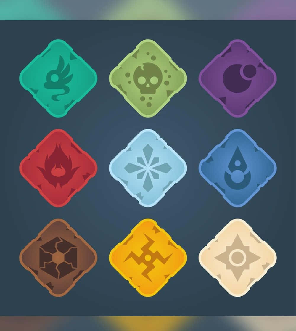 Game Design 桌布 壁紙 — 九個色彩繽紛的鑽石形元素圖標，帶有鮮明的符號，在深色漸變背景上發光。