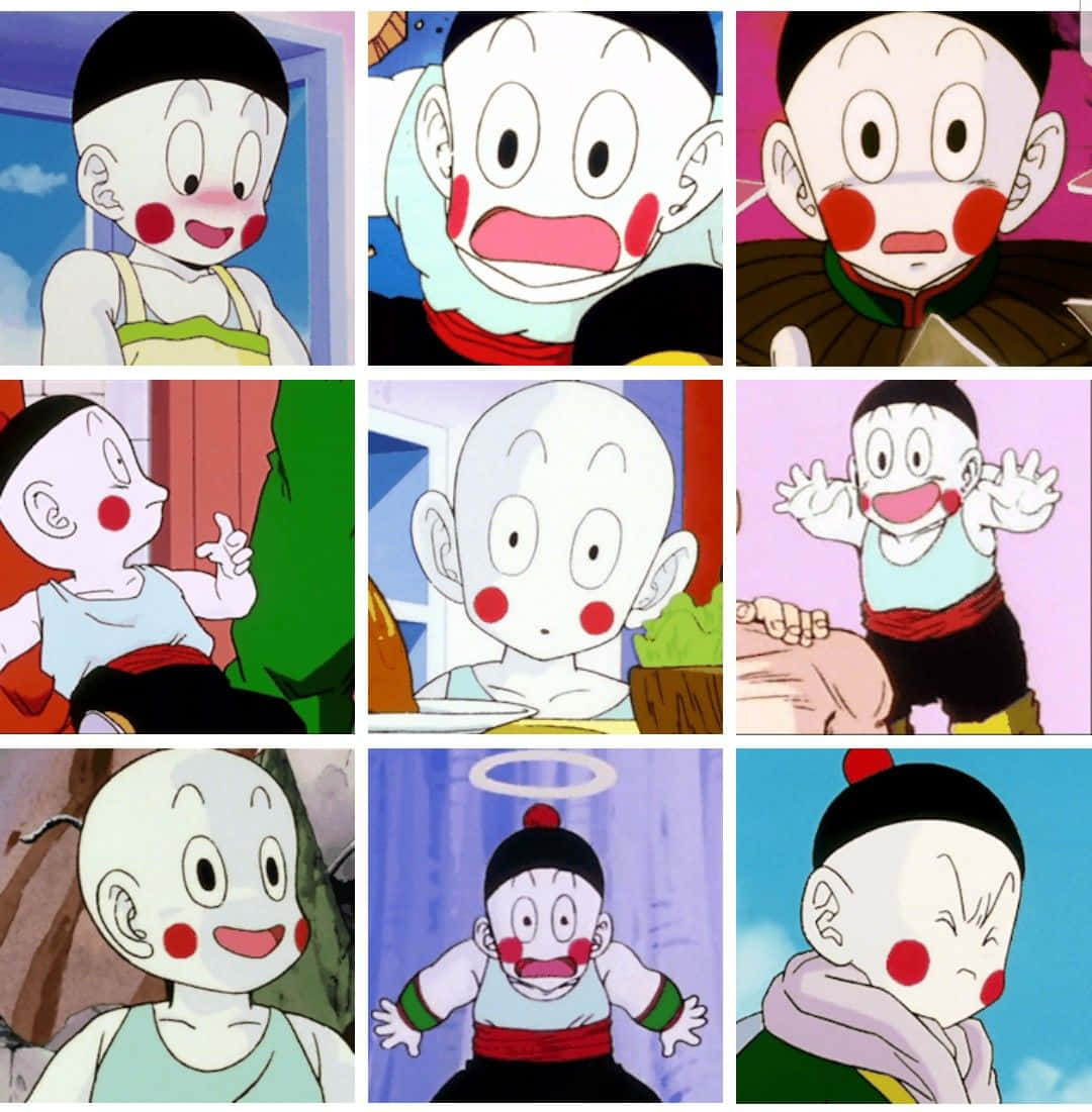 Chiaotzu 桌布 壁紙 — 九個表情豐富的動漫面板拼貼畫，展示一個光頭小孩，臉頰有紅色標記，擺出各種俏皮和情感姿勢。
