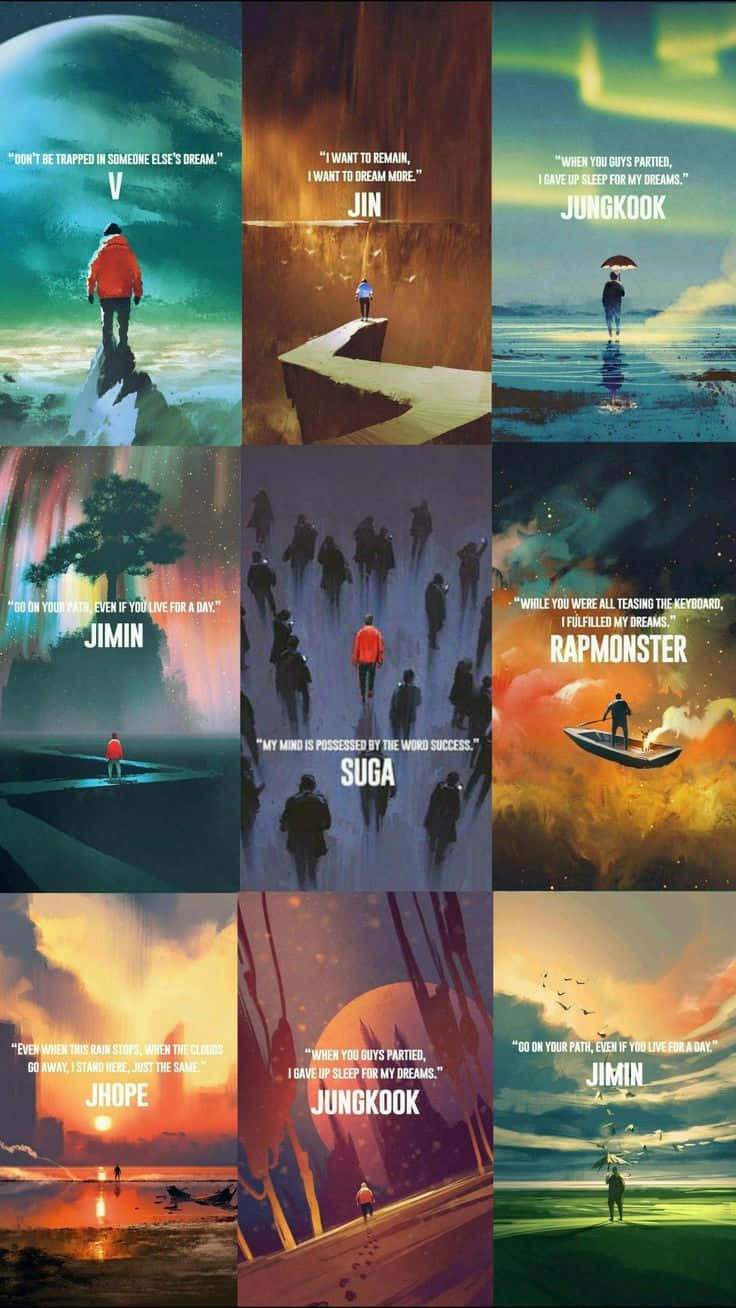 Bts Inspirational 桌布 壁紙 — 九個超現實夢幻場景，孤獨人物置身於鮮豔風景中，並疊加勵志語錄。