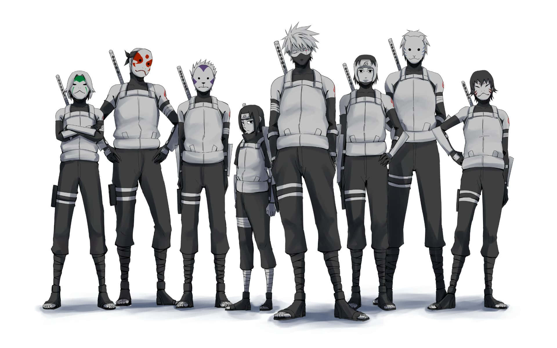 Anbu Black Ops 桌布 壁紙 — 九個身穿白色和灰色戰術裝備的忍者角色，在純白色背景前站成一排。