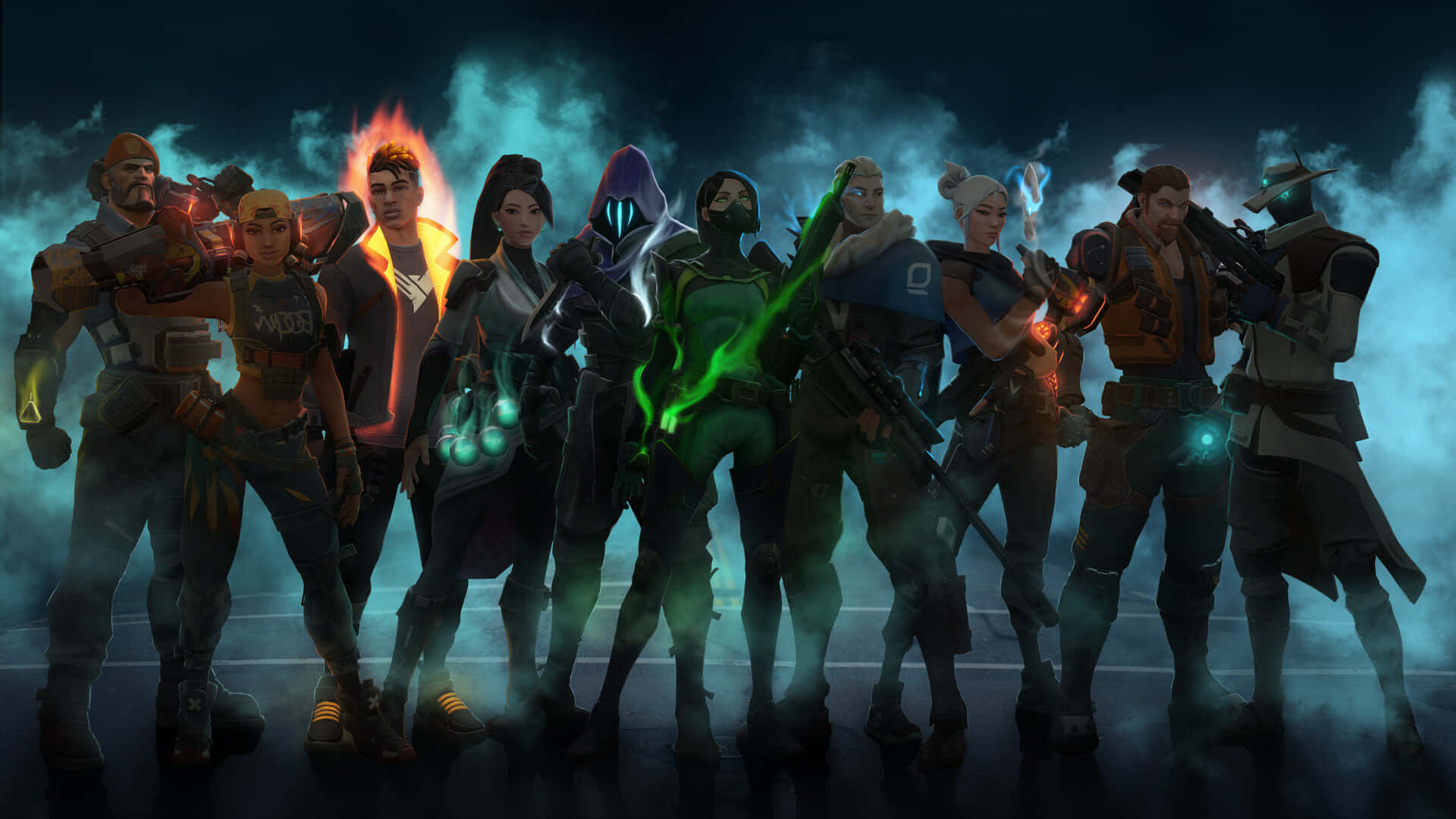 Take your first steps in Valorant's cyberpunk world 壁紙 — 九個風格化的電子遊戲角色排成一排，手持發光武器，背景是黑暗煙霧。