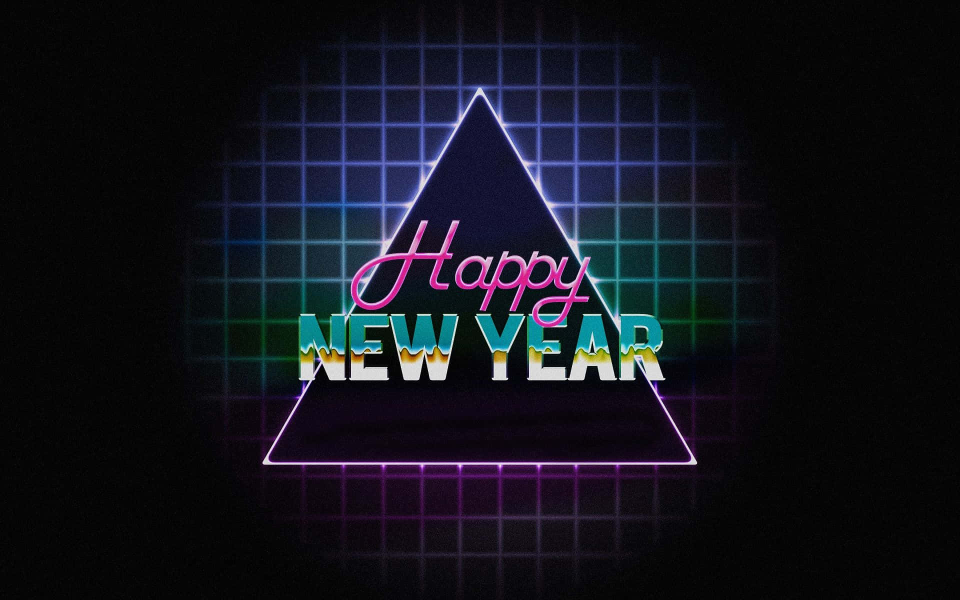網格背景上發光三角形內的霓虹 happy new year 文字。