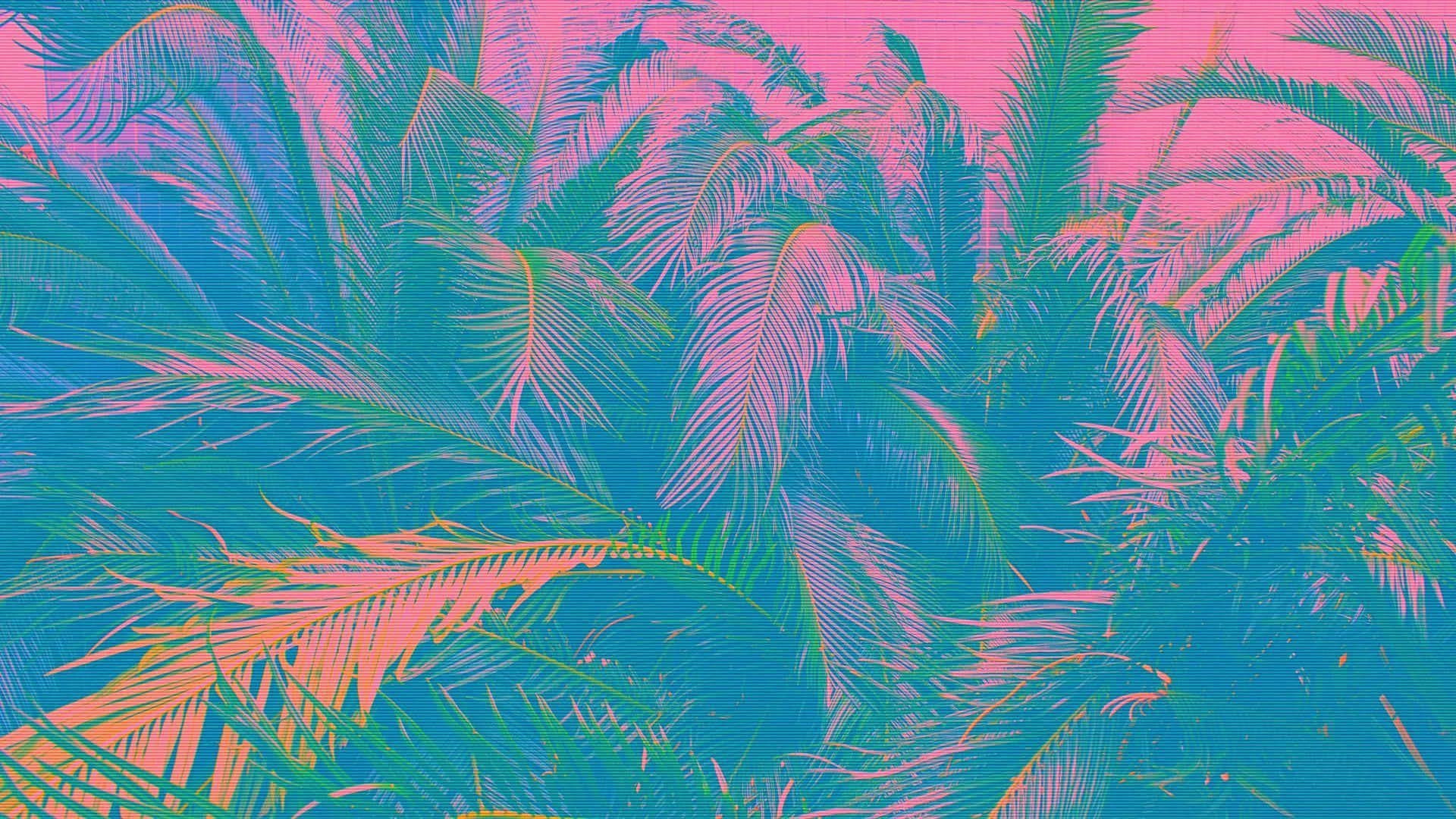 九十年代電腦配彩色葉子 壁紙 — 充滿活力的粉紅色和藍綠色棕櫚葉，以高對比度和飽和色彩創造出大膽的熱帶圖案。